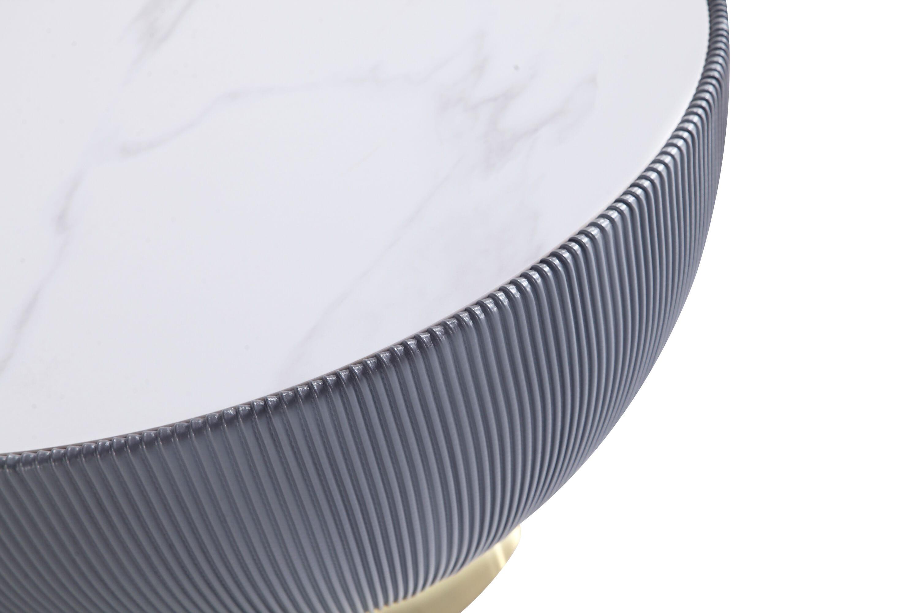 Manhattan Comfort 3pc Anderson Leatherette Upholstered Coffee Table and End Table Set: Gold Metal Finish, Round Shape