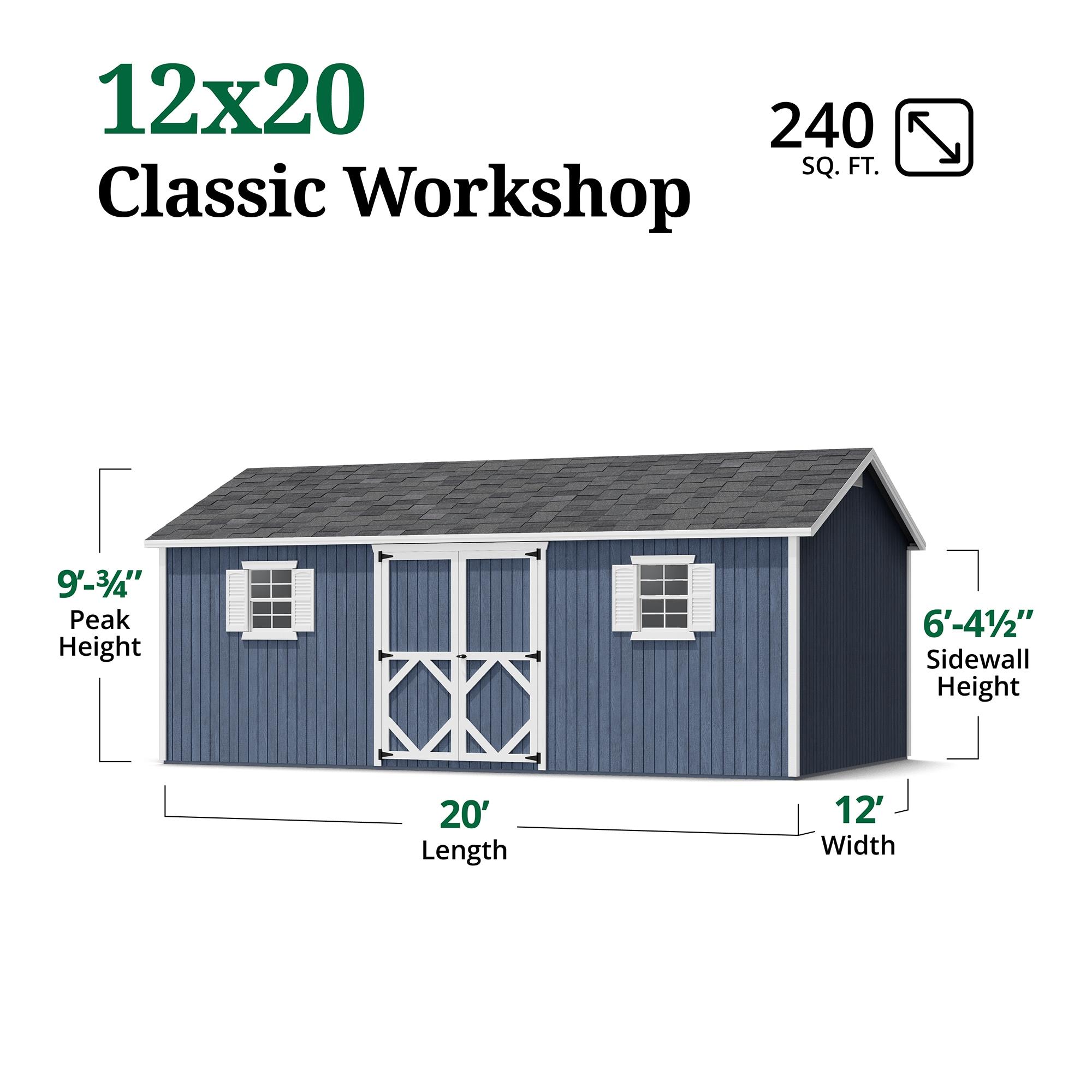 Little Cottage Co. 12x20 Classic Workshop Shed with Operable Windows and Floor, Outdoor Wood Storage Do-It-Yourself Precut Kit