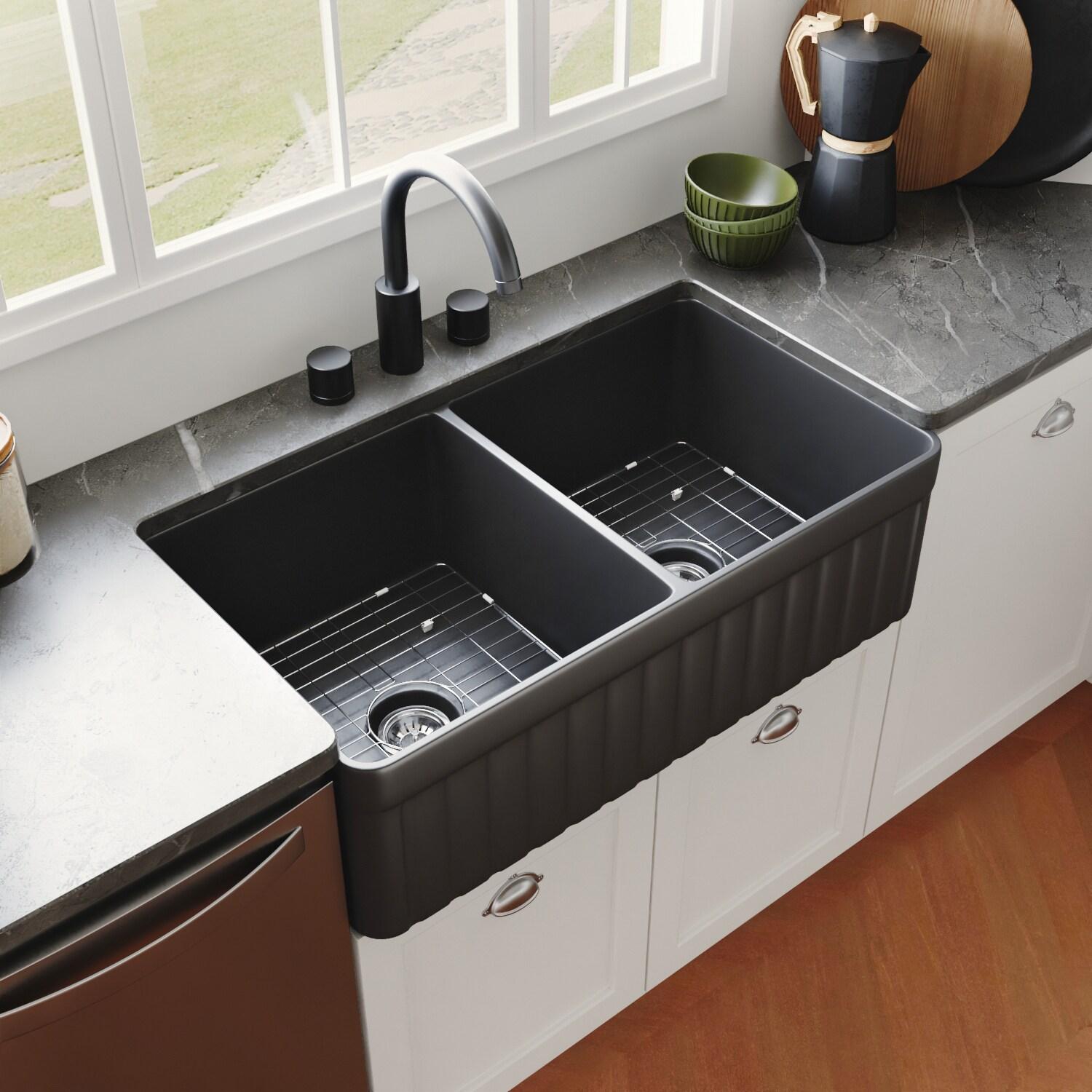 Nova 33" L x 18" W Double Bowl Fireclay Farmhouse Kitchen Sink with Sink Grid and Basket Strainer