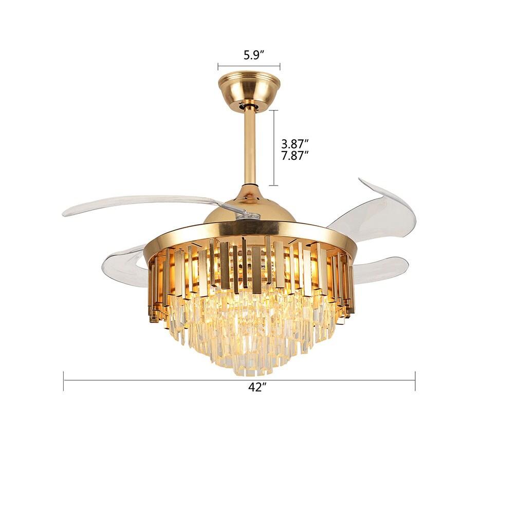 42 in. Integrated LED Indoor Gold Luxury Automatic Retractable Crystal Ceiling Fan with Remote