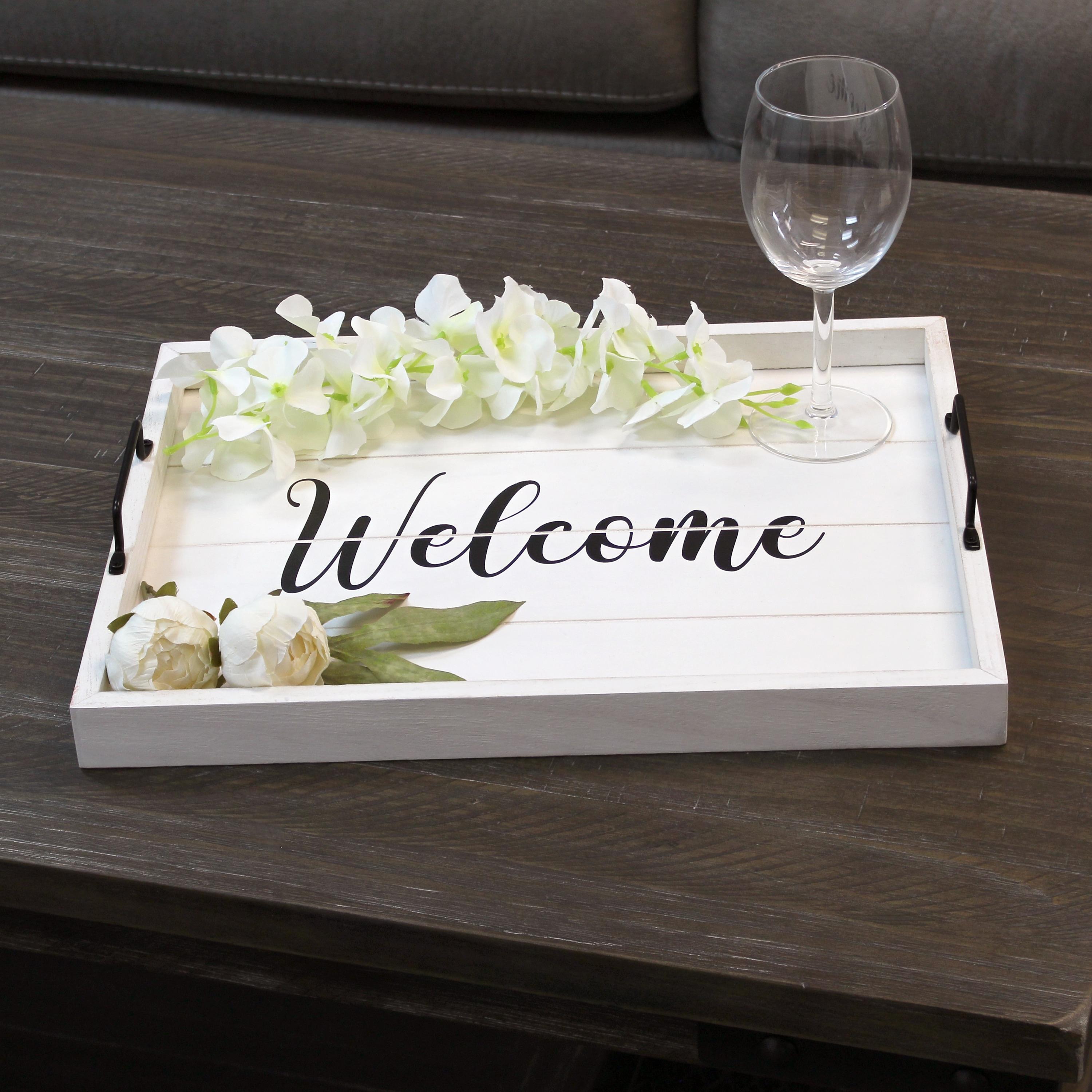 Elegant Designs 15.5" x 12" Decorative Wood Serving Tray, "Welcome", White Wash