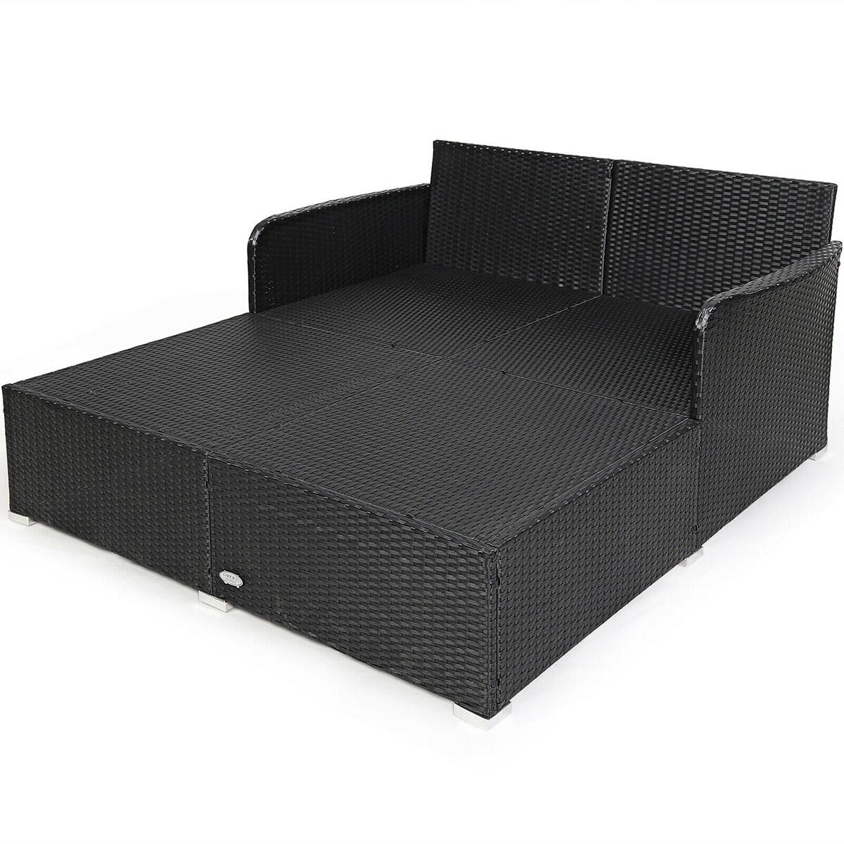 Costway Outdoor Patio Rattan Daybed Thick Pillows Cushioned Sofa Furniture Red