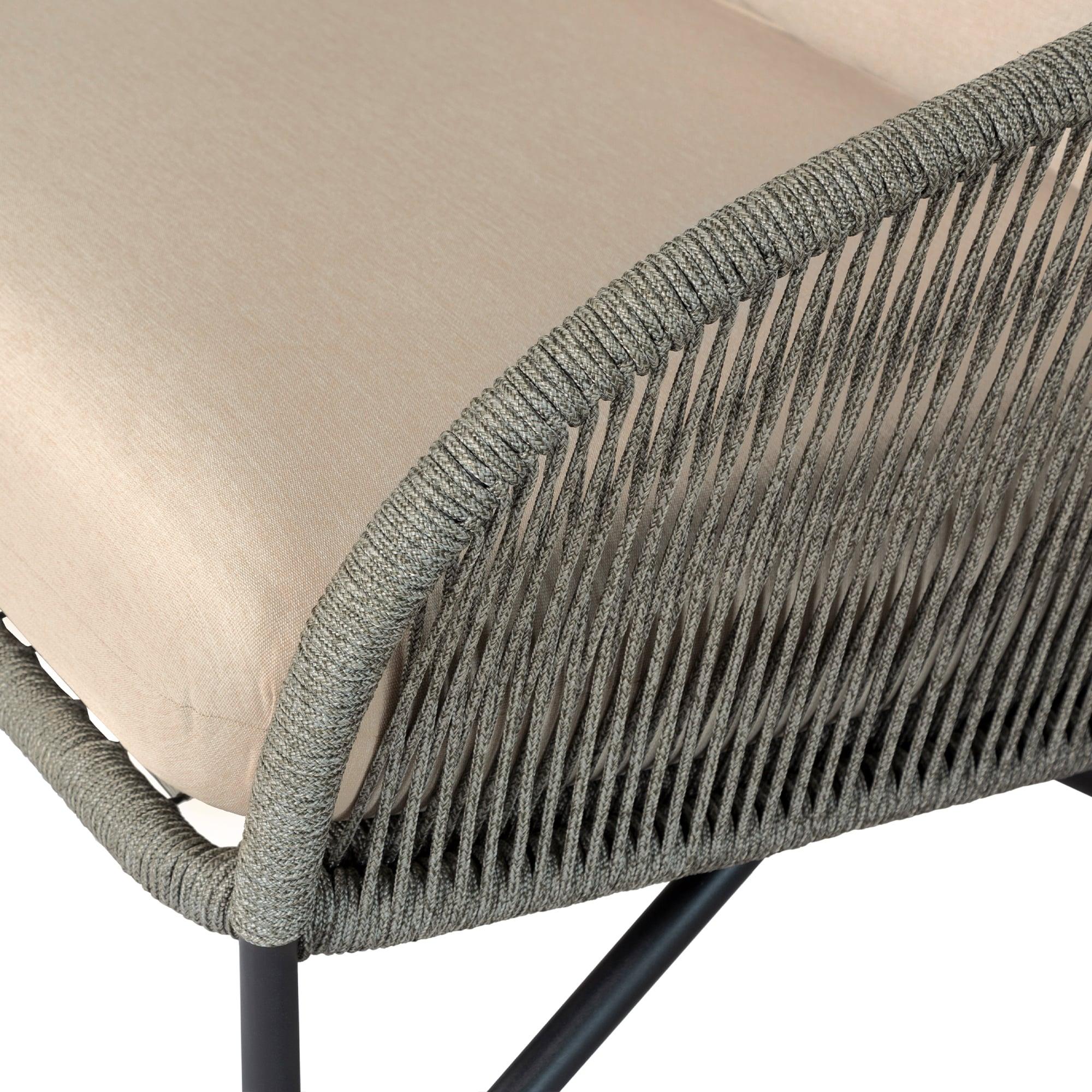 Benicia Outdoor Patio Chair in Black Steel with Gray Rope and Taupe Cushions