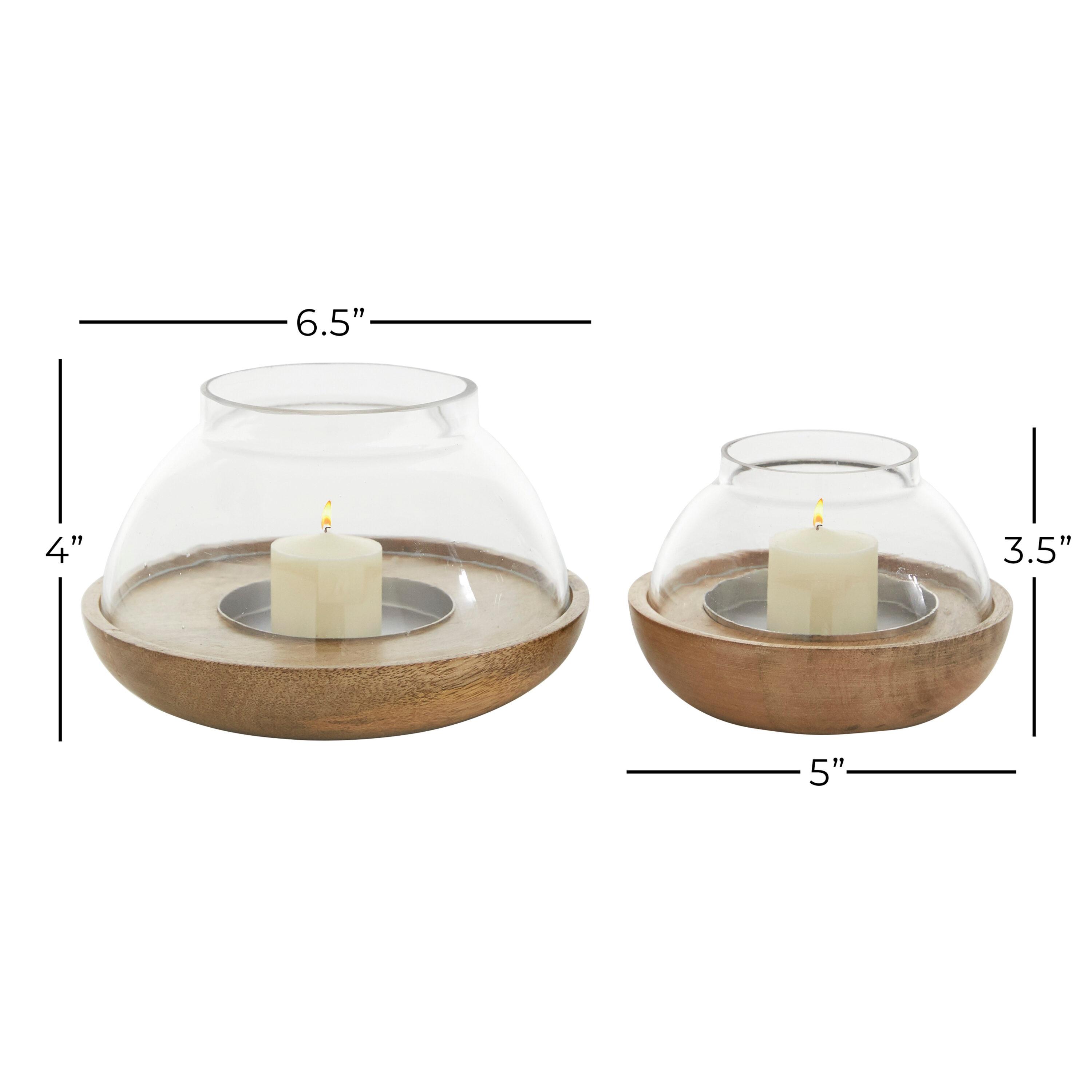 DecMode 2-Slot Brown Wood Tealight Hurricane Lamp, Set of 2