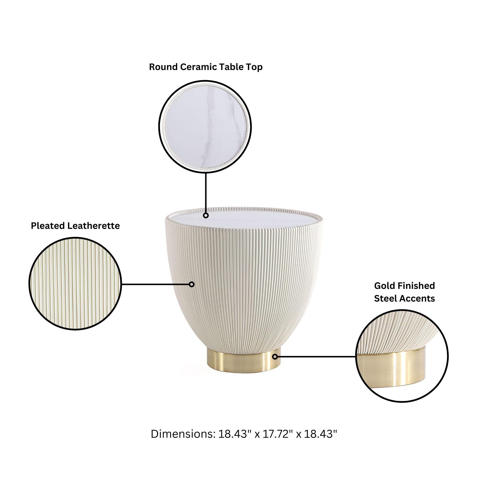 Manhattan Comfort Set of 2 Anderson Leatherette End Tables with Faux Marble Tabletop Cream: Round, No Assembly, Modern Style