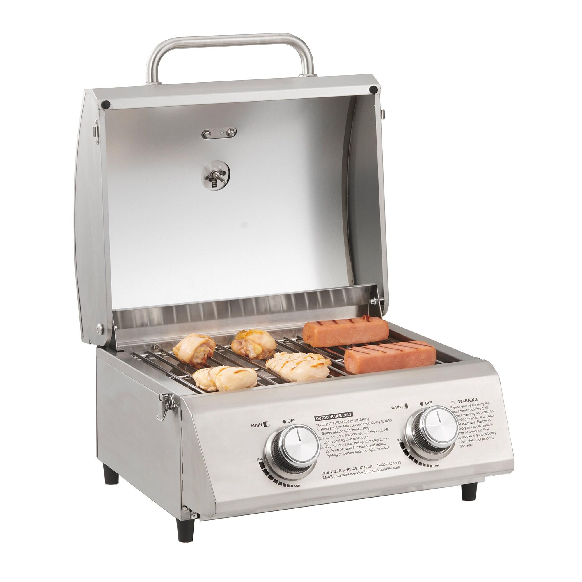 Monument Grills 13742 Tabletop Propane Gas Grill Stainless for Portable Camping Cooking with Travel Locks, High Lid