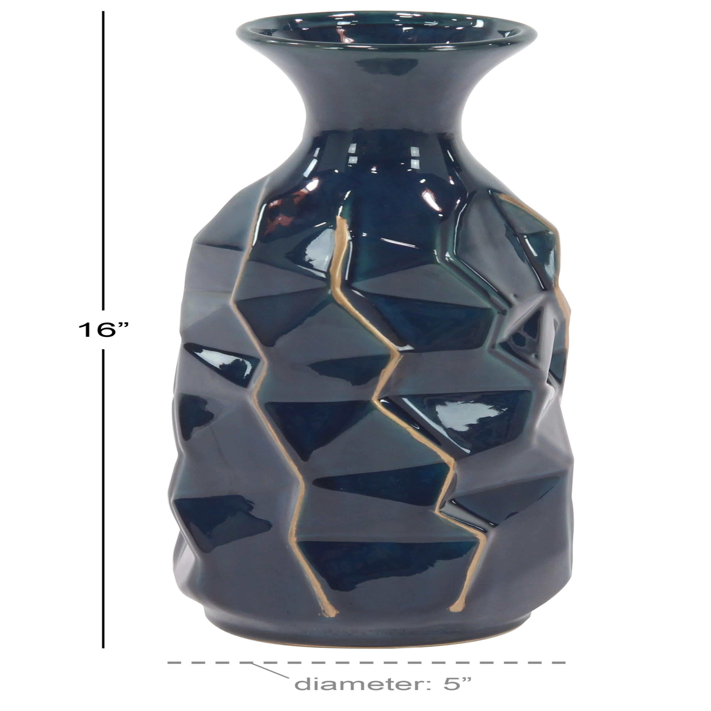 DecMode Blue Ceramic Modern and Coastal Vase 5"W x 15"H, featuring Minimalist Design with clean Lines and Angular Structures