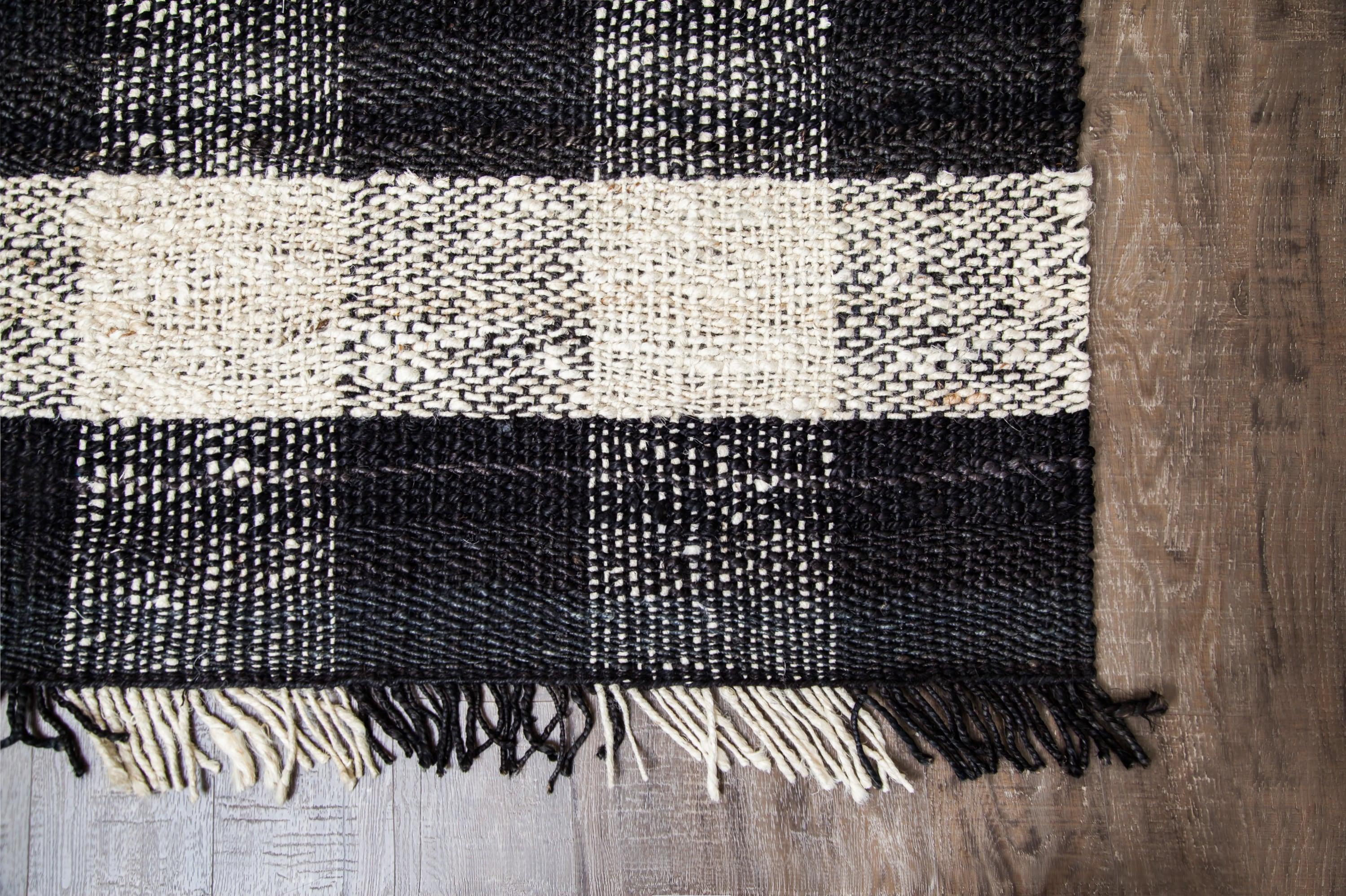 Black Check Loomed Area Rug 5'X7' - Anji Mountain: Handmade Jute Flatweave, Farmhouse Style, Fair Trade Certified