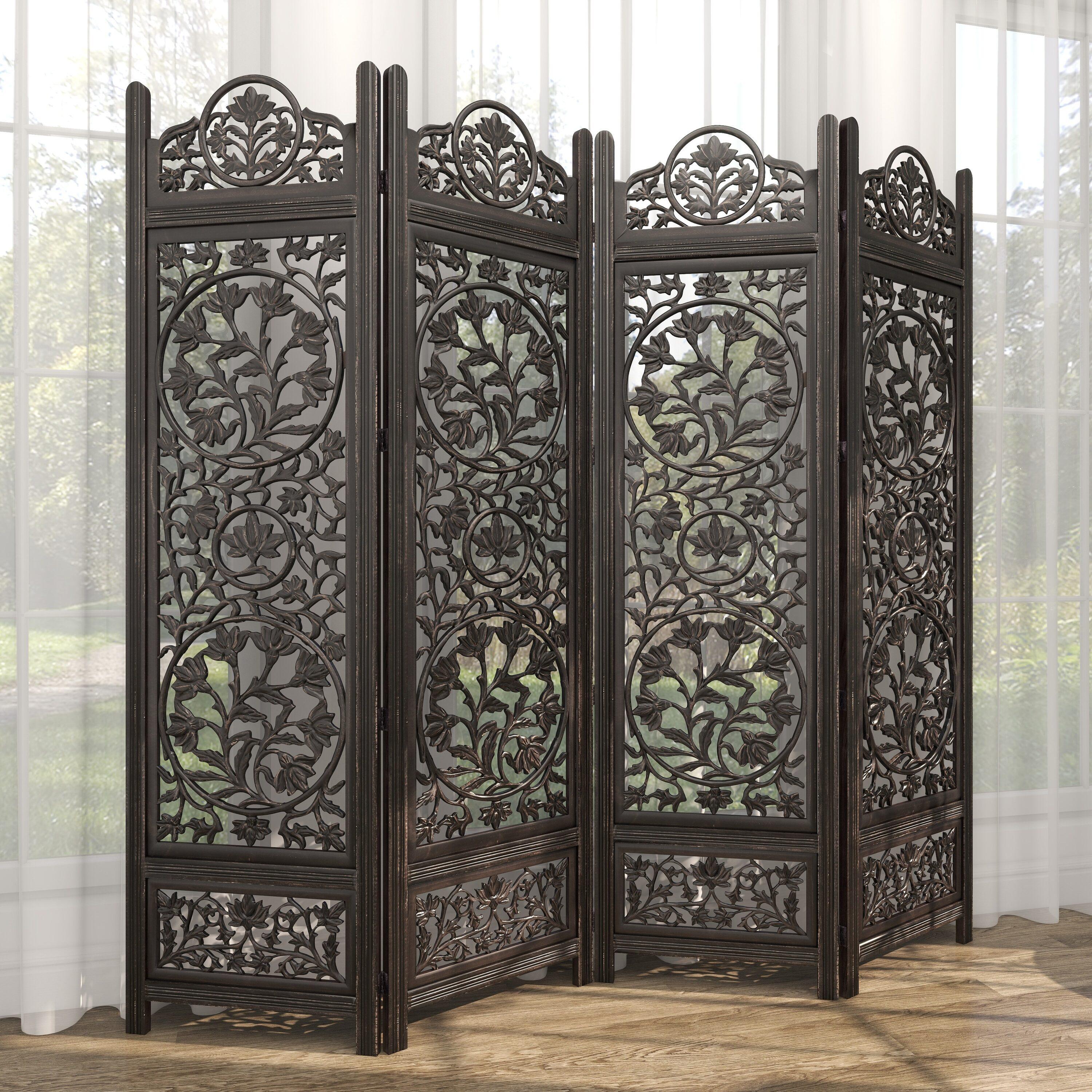 DecMode 80" x 72" Black Wood Floral Handmade Hinged Foldable Partition 4 Panel Room Divider Screen with Intricately Carved Designs, 1-Piece