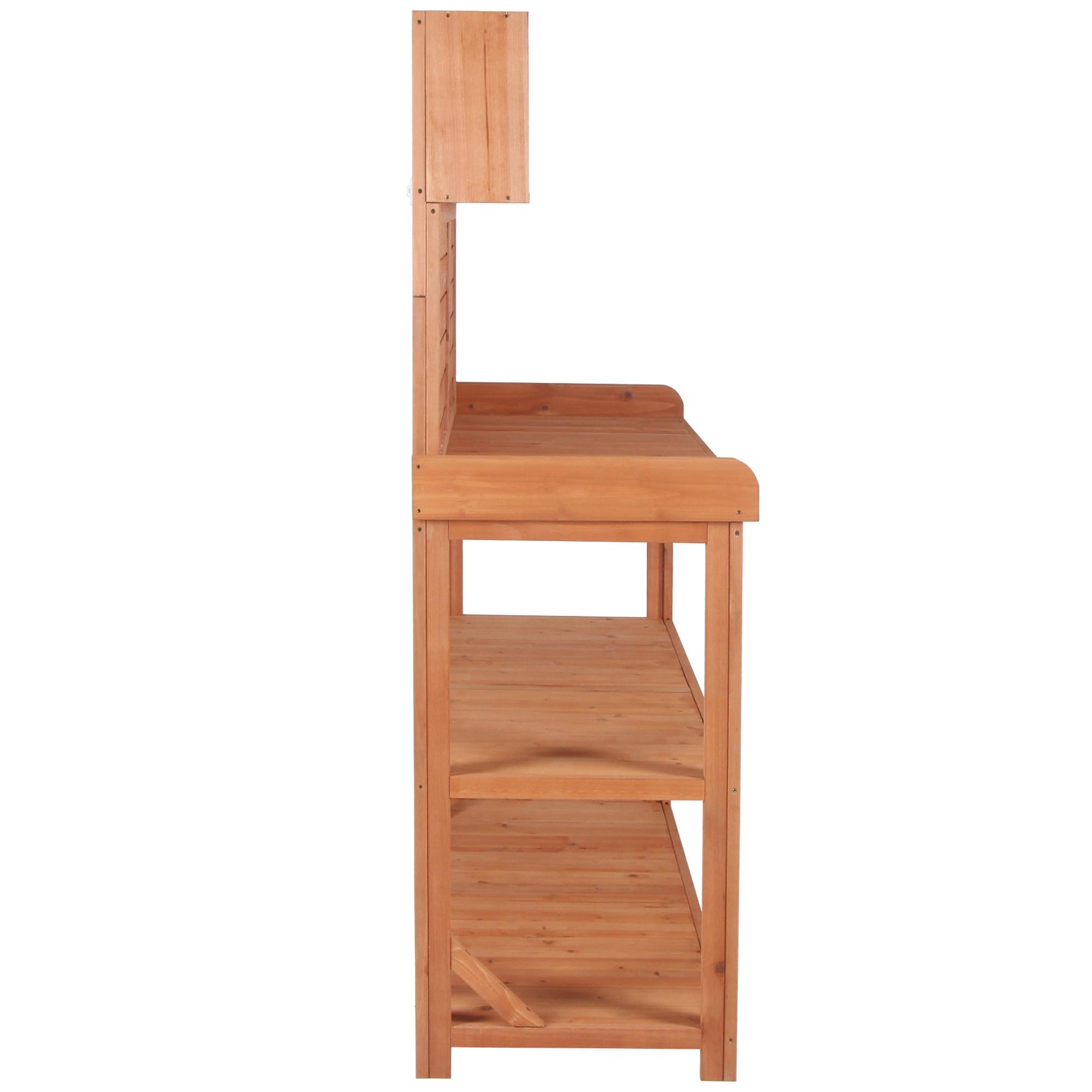 Wooden Potting Bench, 65" Large Wooden Farmhouse Rustic Outdoor Potting Bench Table, Patio Workstation, Garden Potting Bench with 4 Storage Shelves, Splash Plate & 3 Side Hooks, Natural