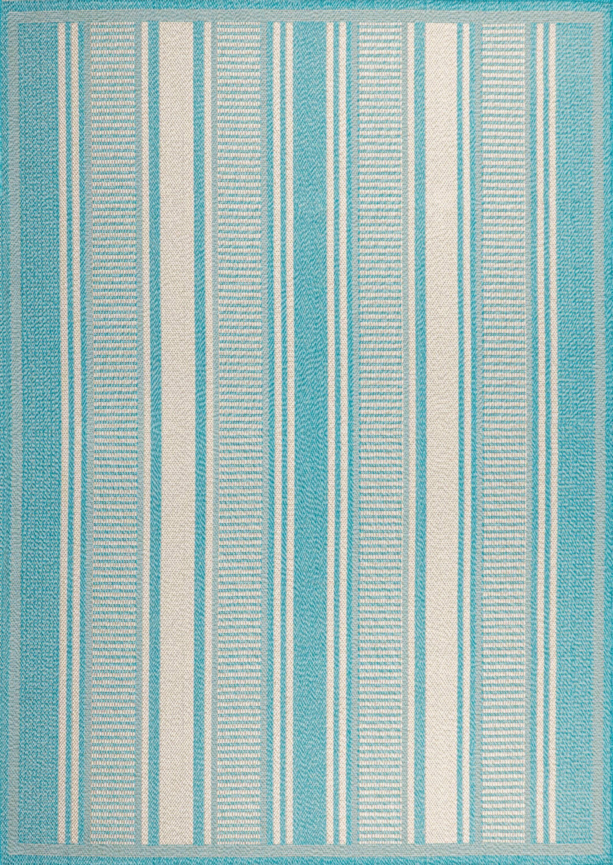 3' x 5' Haynes Modern Double Stripe Indoor/Outdoor Area Rug, Aqua/Beige - JONATHAN Y