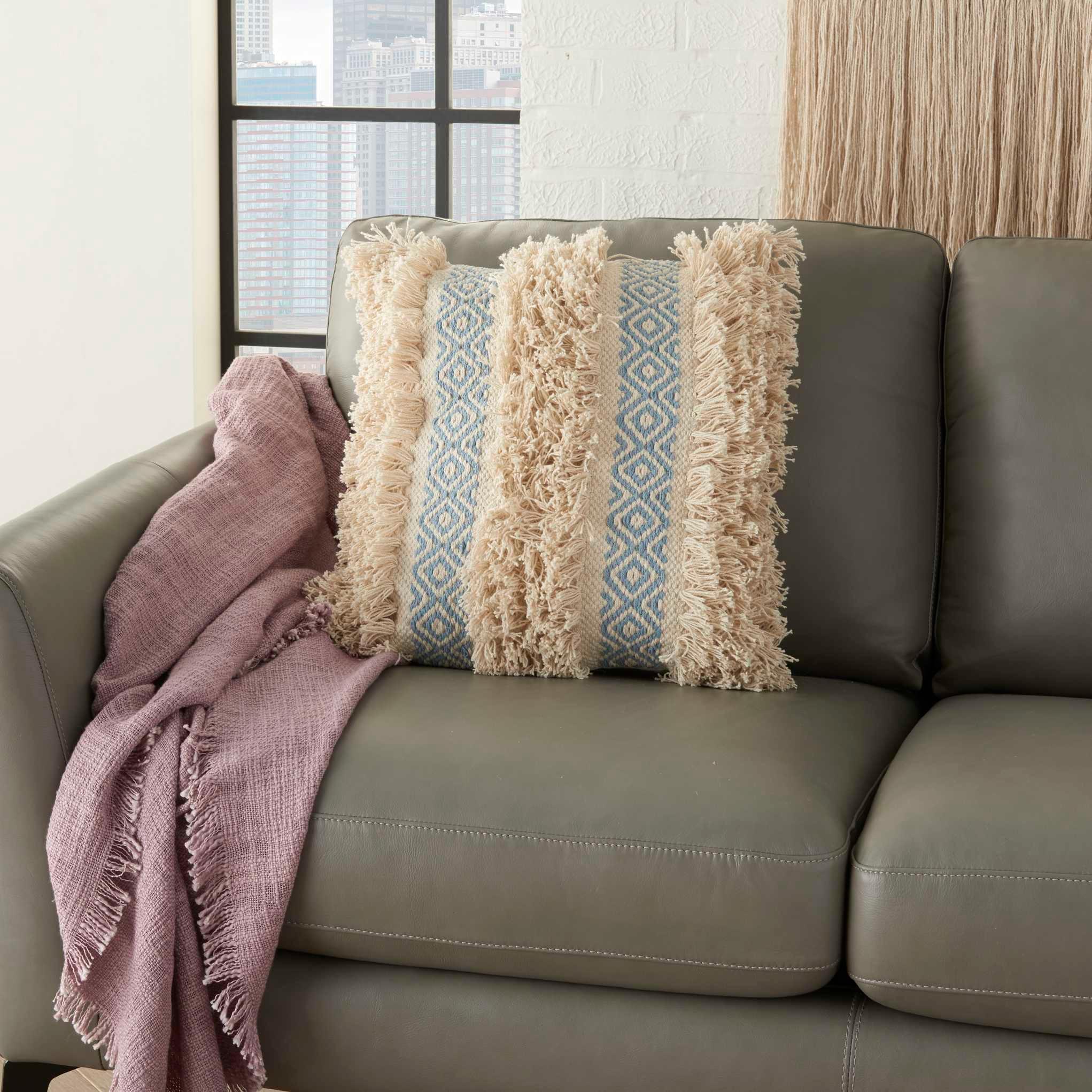 Mina Victory Life Styles Cotton Diamond Stripe Throw Pillow in Ocean Blue/Beige