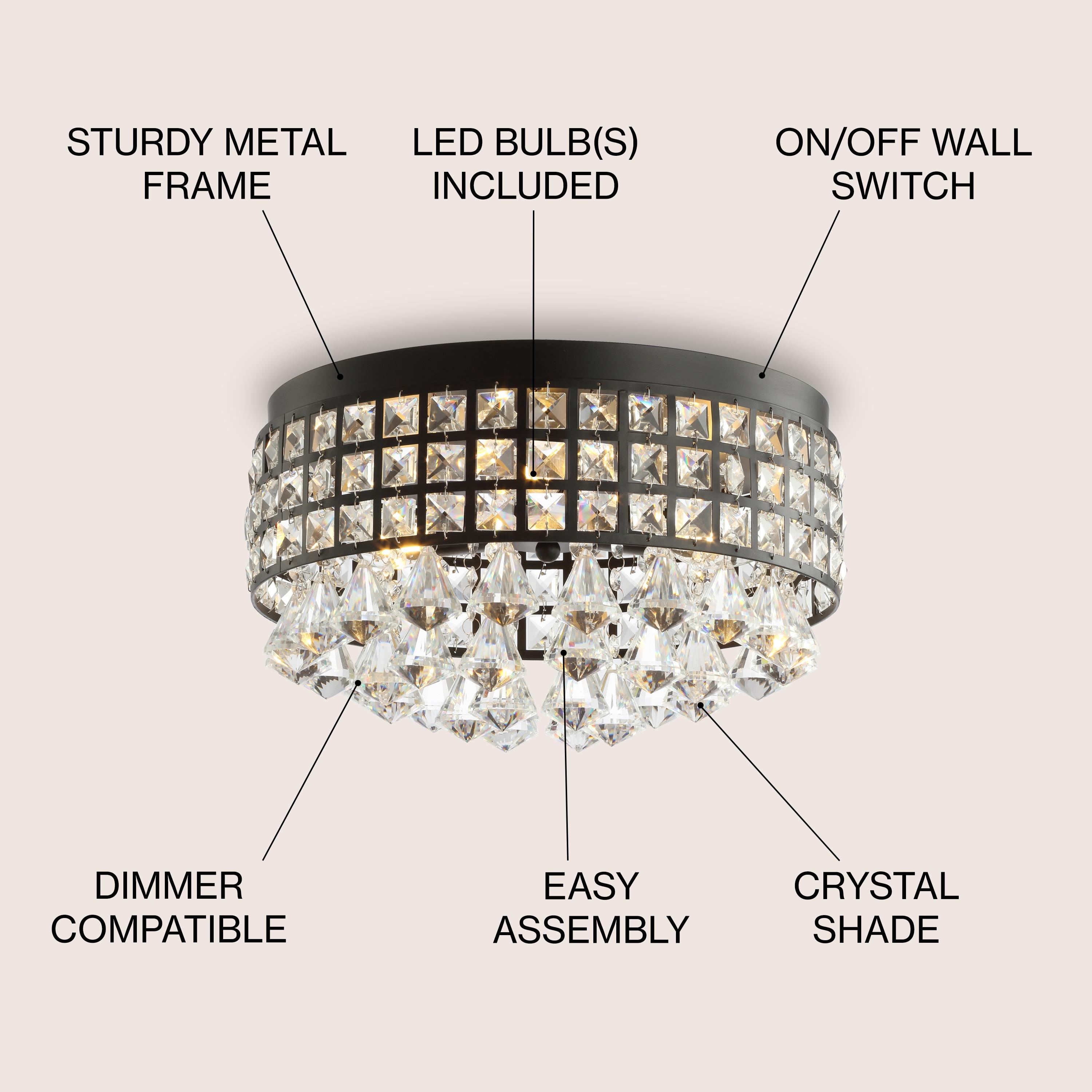 JONATHAN Y Meredith 14.5" 3-Light Crystal Drops/Metal LED Flush Mount, Black