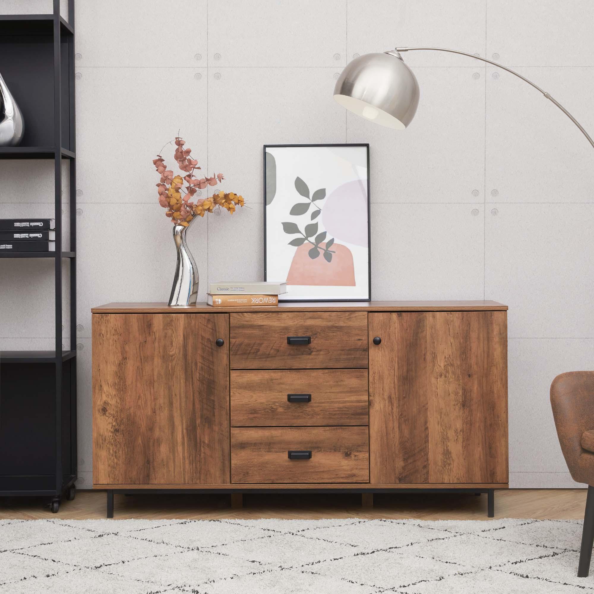 Brooklyn Sideboard with Metal Legs and Handles Brown - Teamson Home: Modern Storage Buffet Server, Veneer Surface, MDF Frame