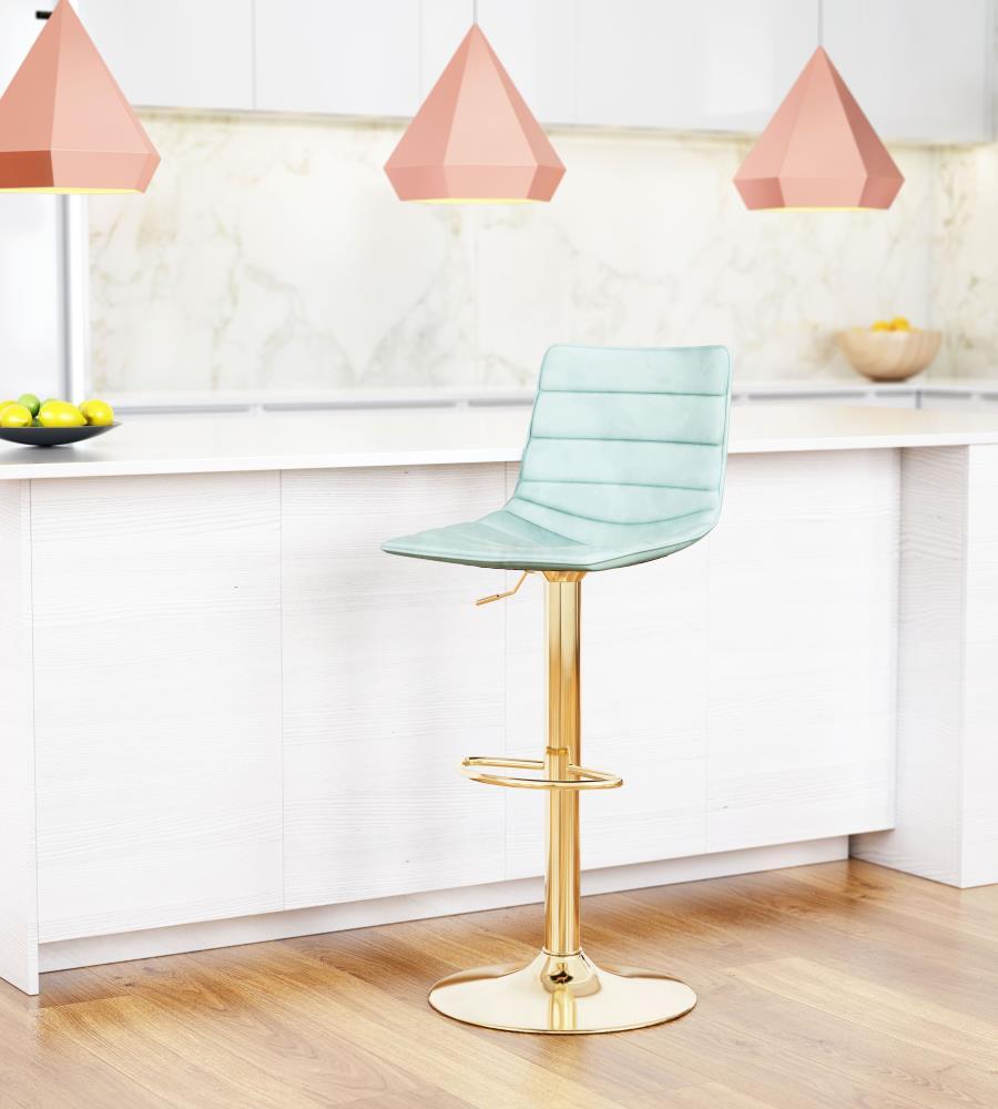 Contemporary Swivel Adjustable Bar Stool in Light Green & Gold