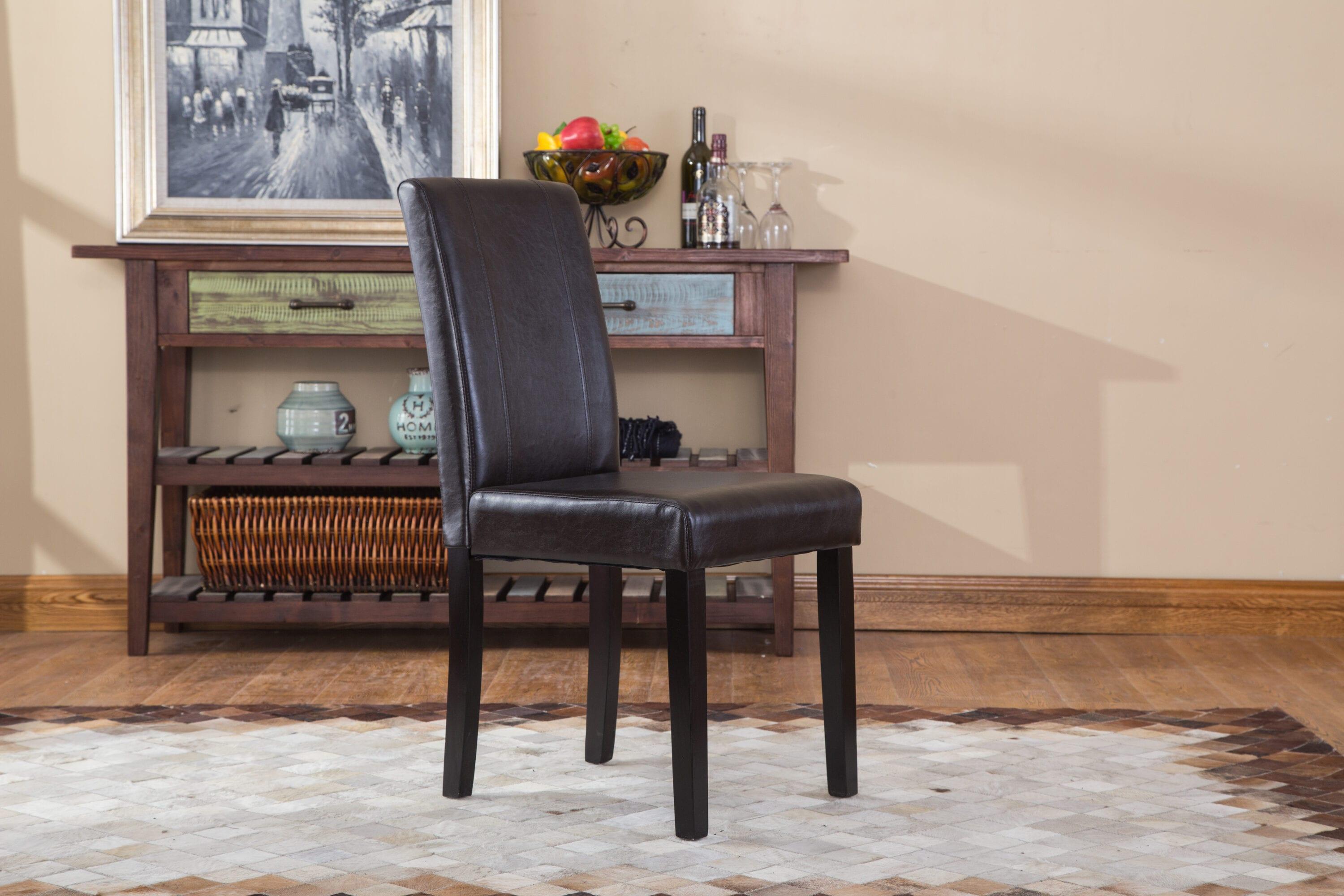 Roundhill Urban Style Solid Wood Faux Leather Parsons Chair, Brown, Set of 2