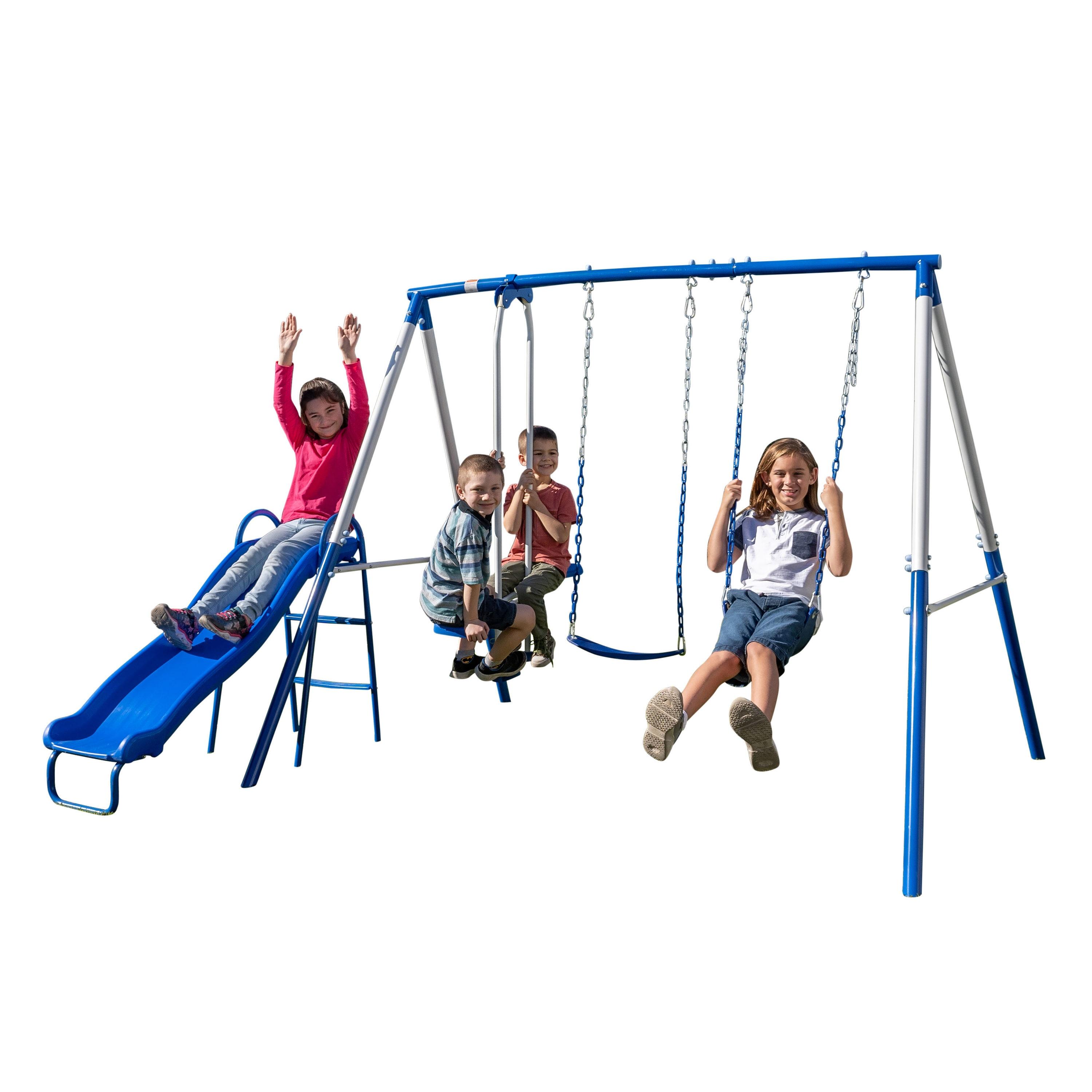 Sportspower Albany Metal Swing Set with 2 Person Glider Swing, 2 Adjustable Sling Swing Seats, and 5' Double Wall Slide with Lifetime Warranty