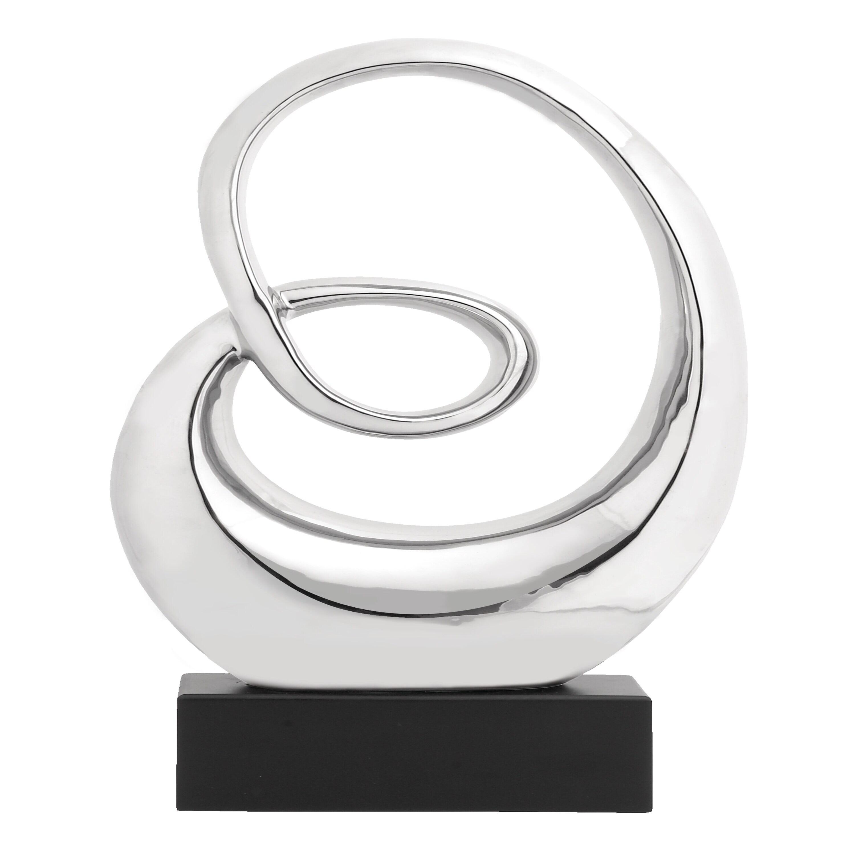 10" x 21" Silver Ceramic Swirl Abstract Sculpture with Black Wooden Base, by DecMode