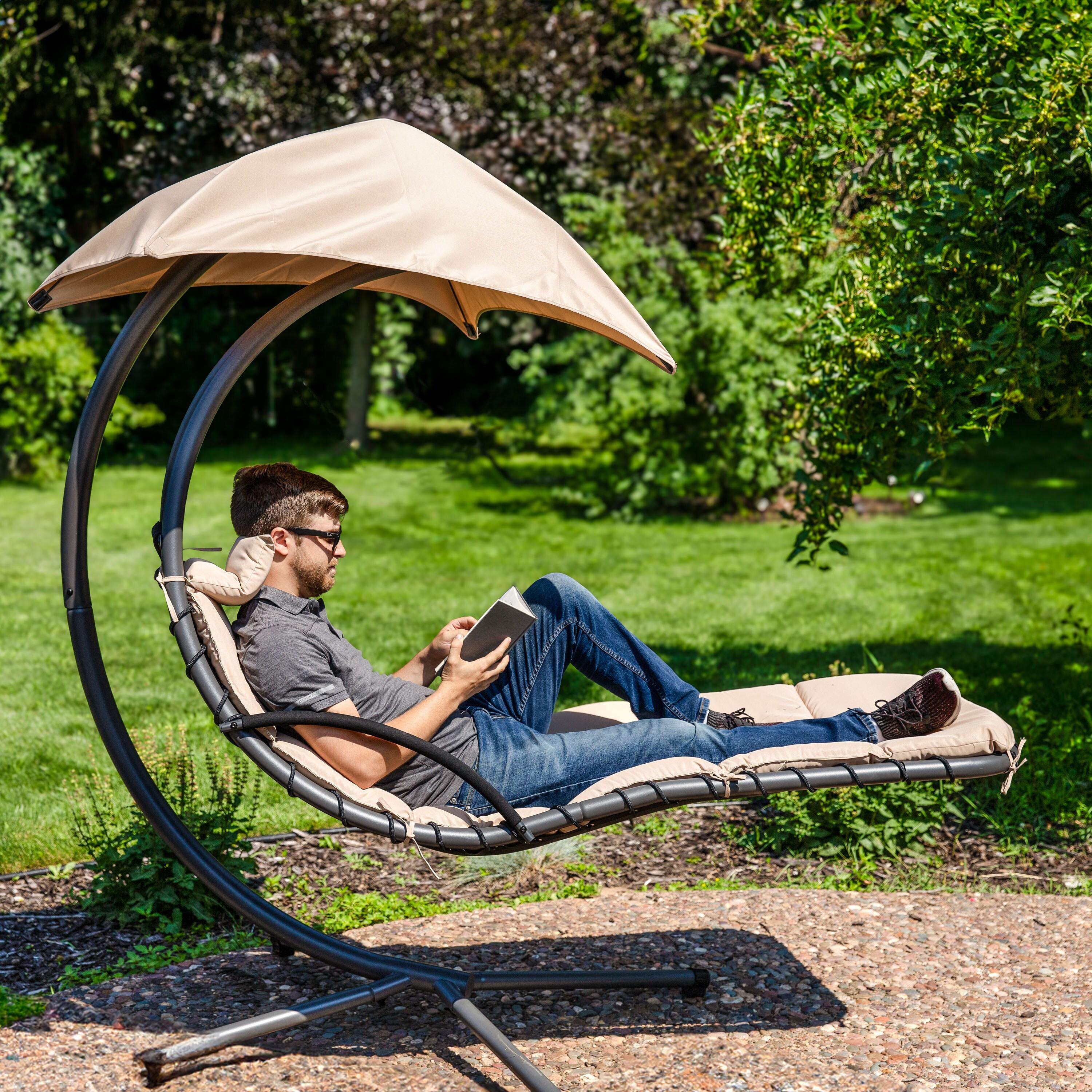 Steel Outdoor Floating Chaise Lounge Chair with Canopy with Stand