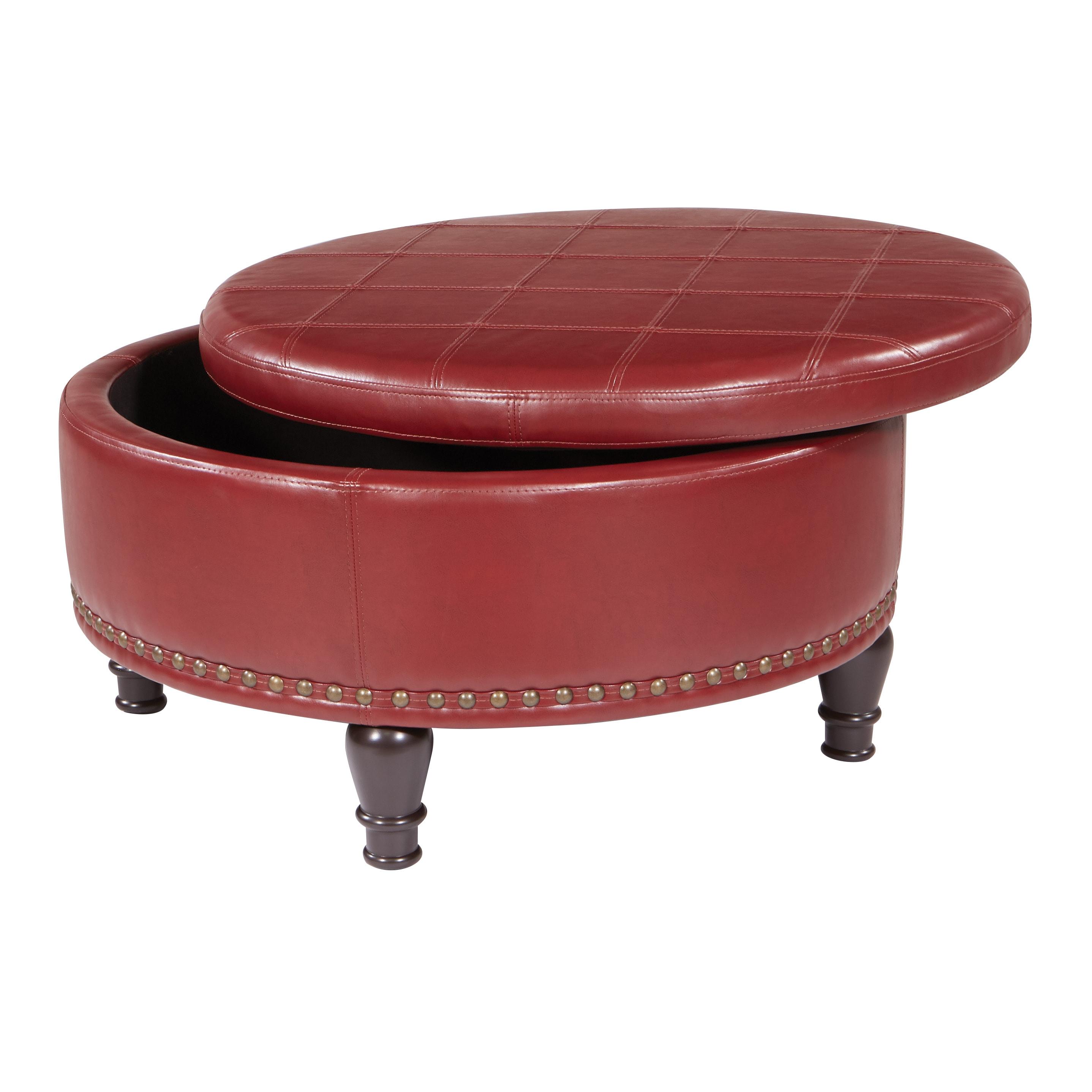 OSP Home Furnishings Augusta Round Storage Ottoman in Crimson Red Bonded Leather with Decorative Nailheads