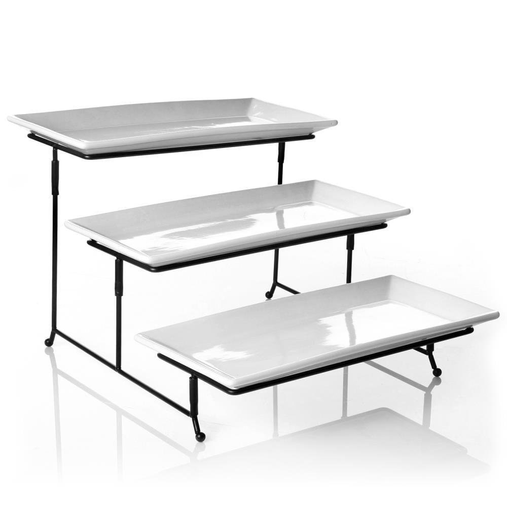 Gibson Elite Porcelain Gracious Serving Plate Set with Metal Stand: Tiered Cupcake & Serving Tray, Rectangle