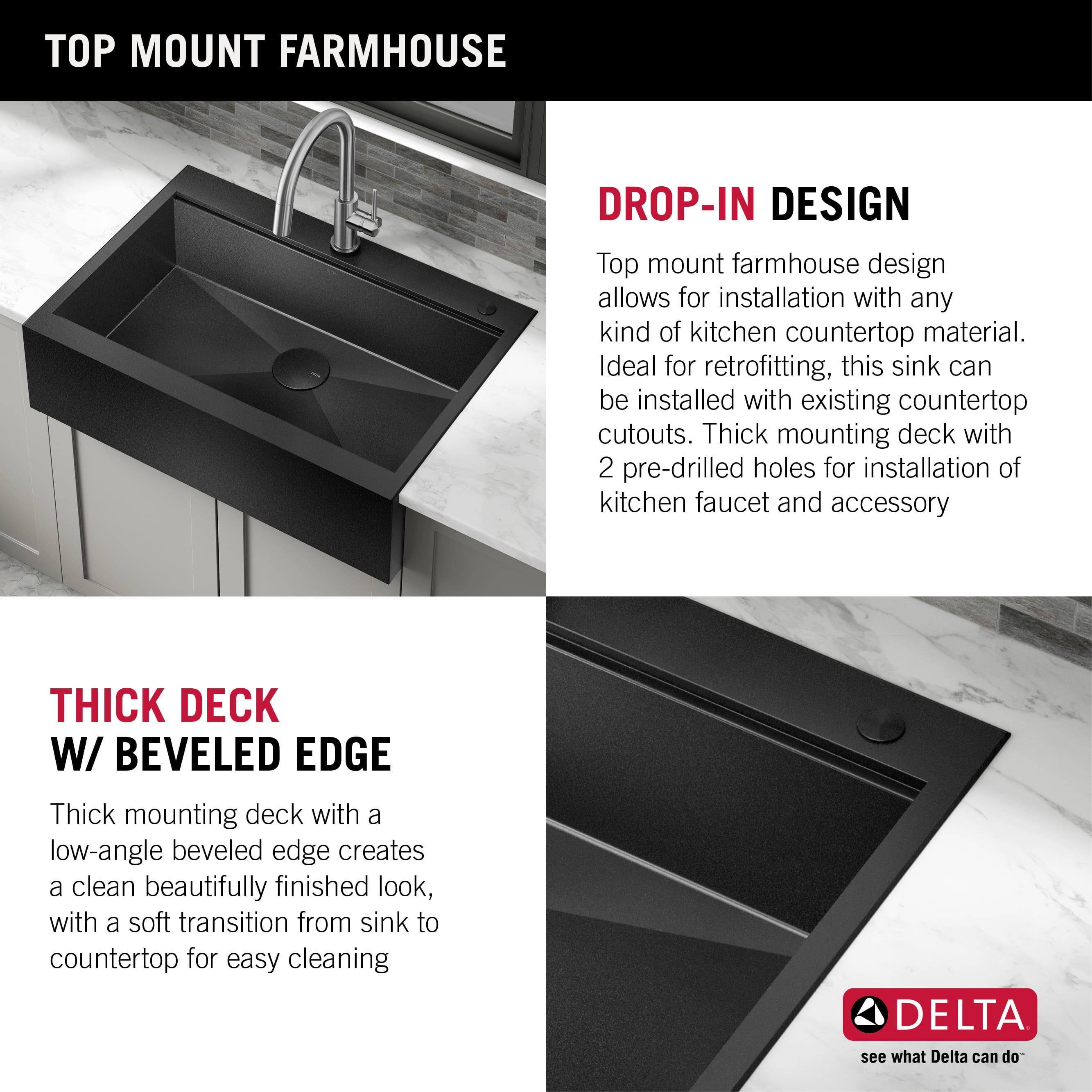 Delta Rivet™ Black Stainless Steel Retrofit Farmhouse Apron Front 16 Gauge Workstation Kitchen Sink Single Bowl