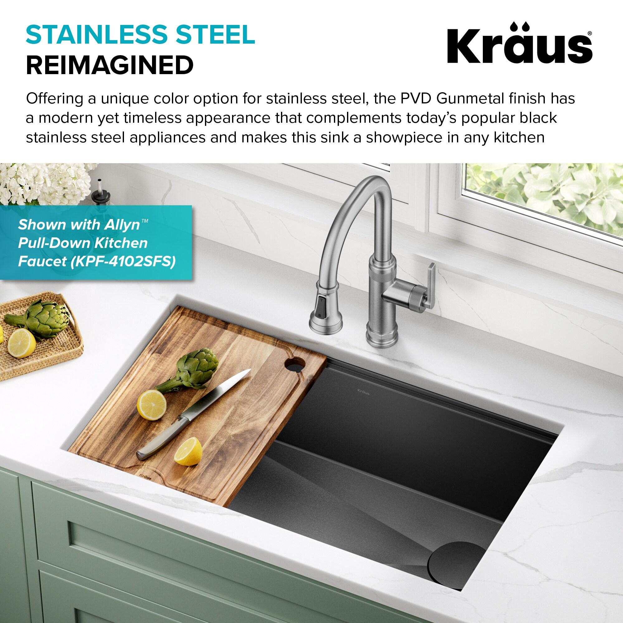 Kraus Kore Workstation 32 Undermount 16 Gauge Stainless Steel Single Bowl Kitchen Sink in PVD Gunmetal Finish with Accessories