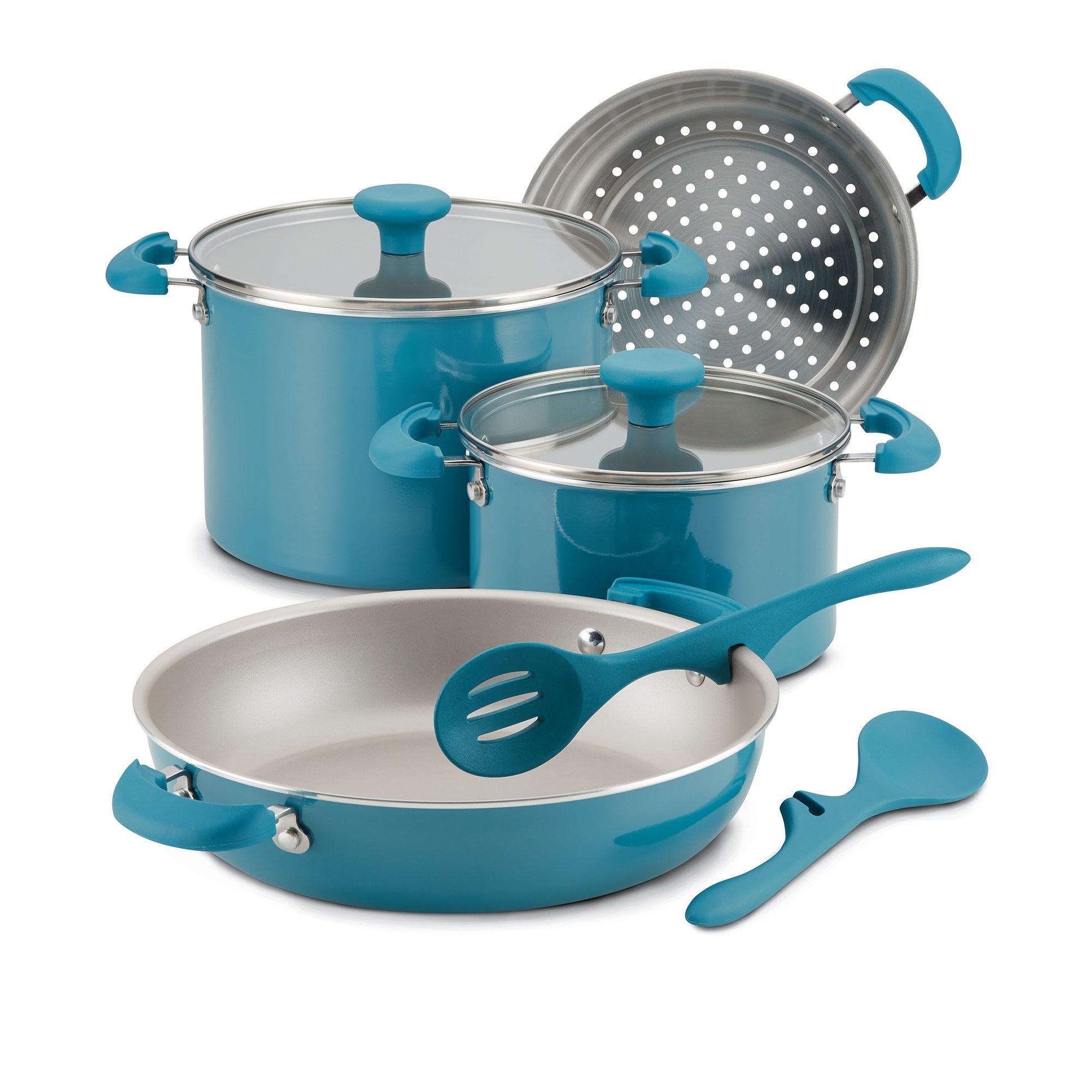 Rachael Ray 8 Piece Get Cooking! Stackable Nonstick Pots and Pans, Turquoise