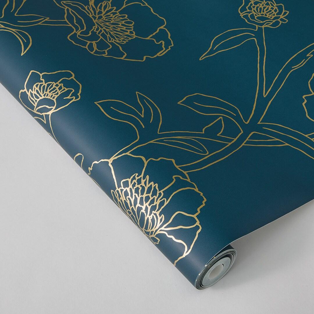 Tempaper & Co.® Peonies Removable Peel and Stick Wallpaper, Peacock Blue and Metallic Gold Floral, 28 sq. ft.: Vinyl Self-Adhesive