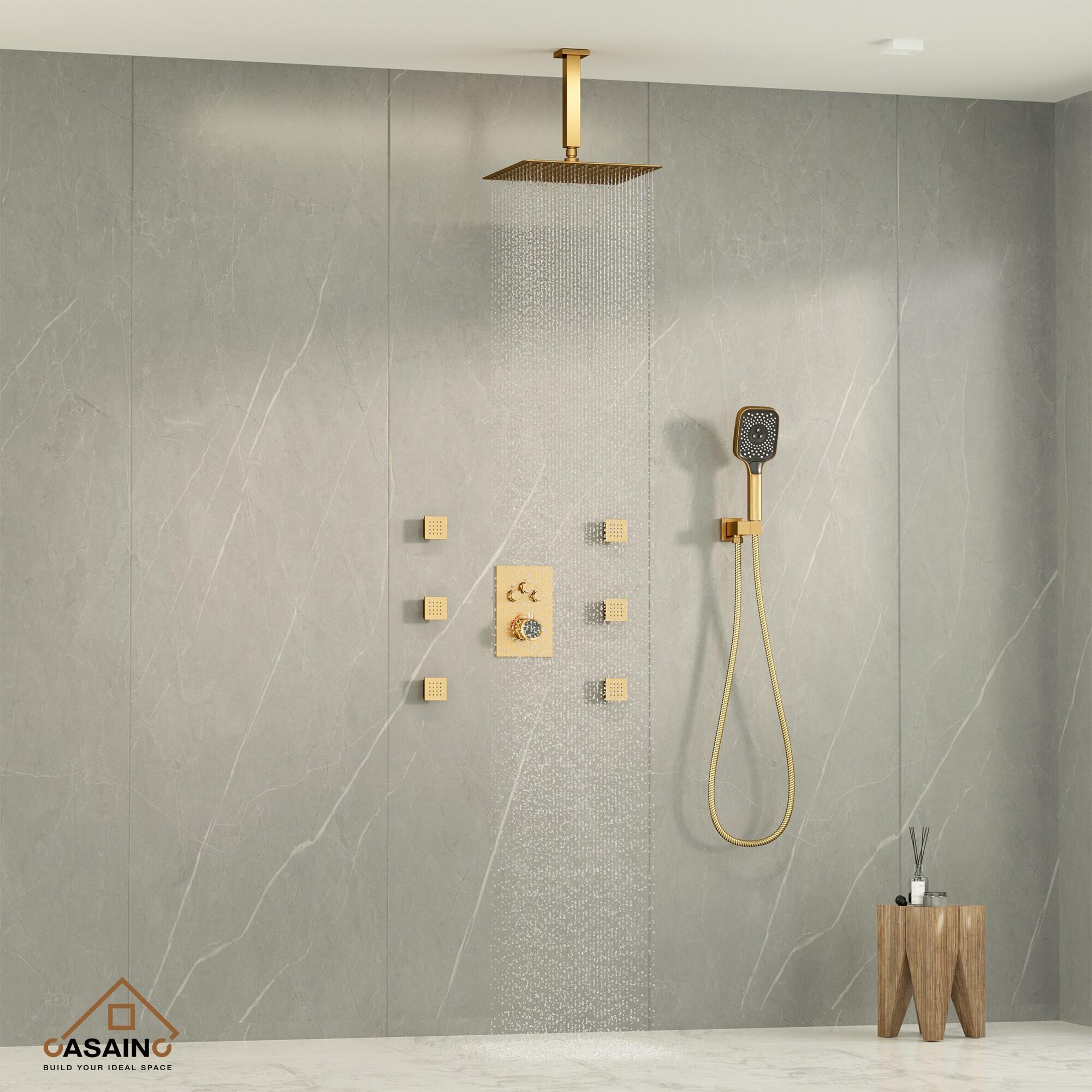 Revitalize 3-Function 12 Inch Ceiling Mount Rainfall Thermostatic Shower System with 6 Body Jets