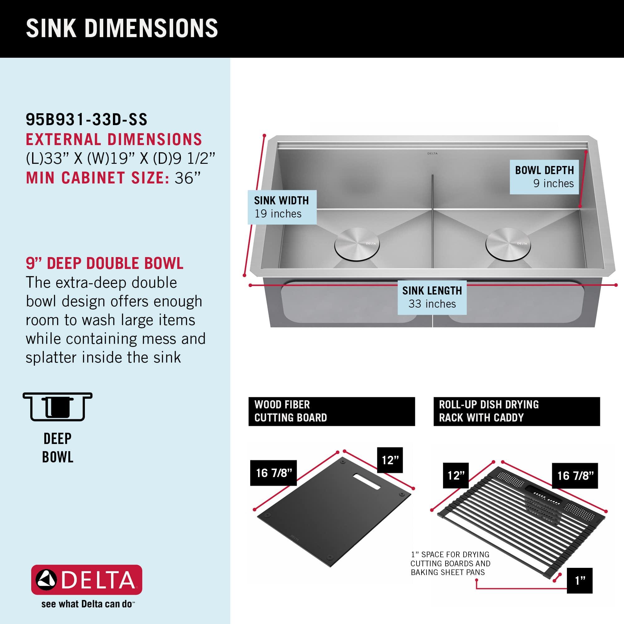 Delta Rivet™ 33" L Workstation Kitchen Sink Undermount 16 Gauge Stainless Steel 50/50 Double Bowl