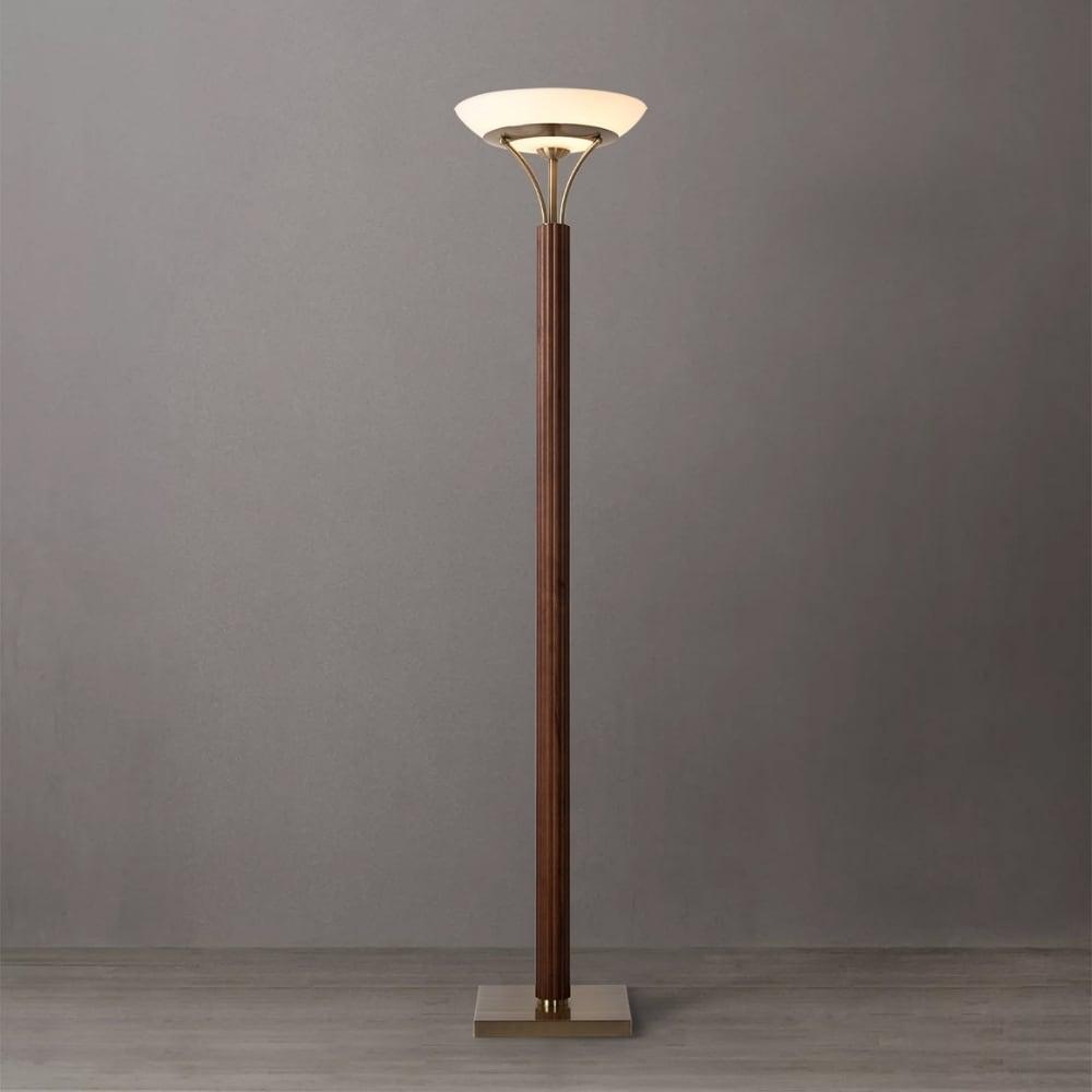 NOVA of California Tambo Torchiere Floor Lamp - Dark Walnut Wood Finish, Weathered Brass, Dimmer