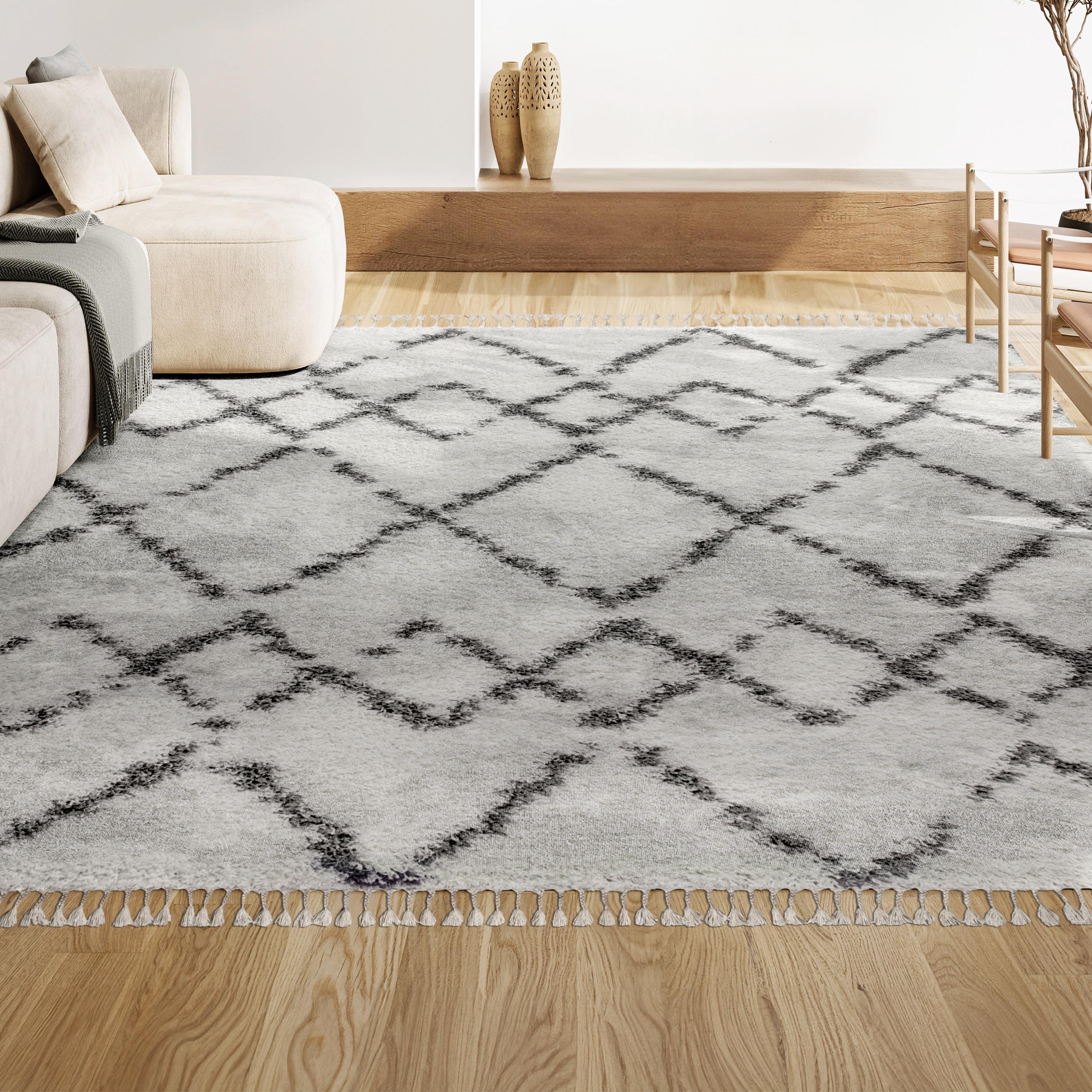 8'x10' Mercer Shag Plush Tassel Moroccan Geometric Trellis Area Rug, Cream/Grey - JONATHAN Y