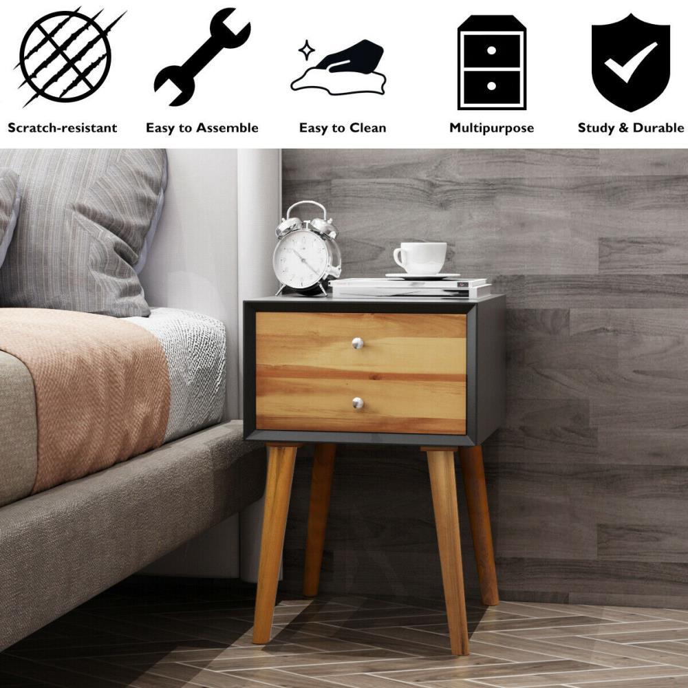 Giantex Mid Century Modern Nightstand, Wooden Bedside Tables w/ 2 Storage Drawers & Solid Wood Legs, Practical End Side Table for Living Room Bedroom, White & Walnut