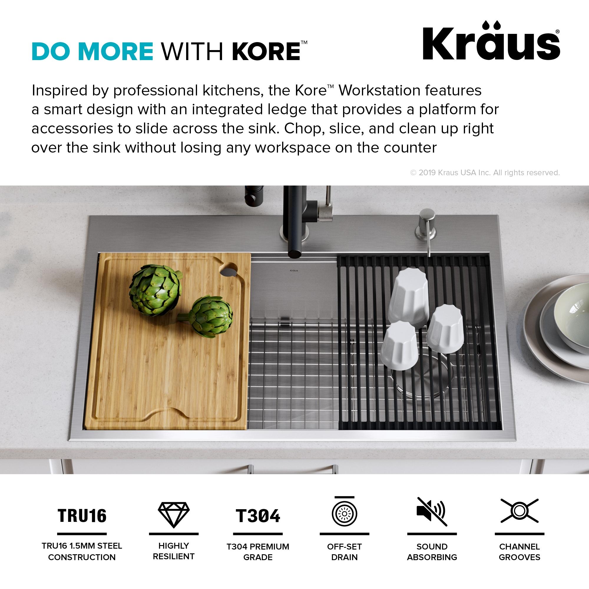 KRAUS Kore™ Workstation 33" L Top Mount Drop-In 16 Gauge Black Stainless Steel Single Bowl Kitchen Sink