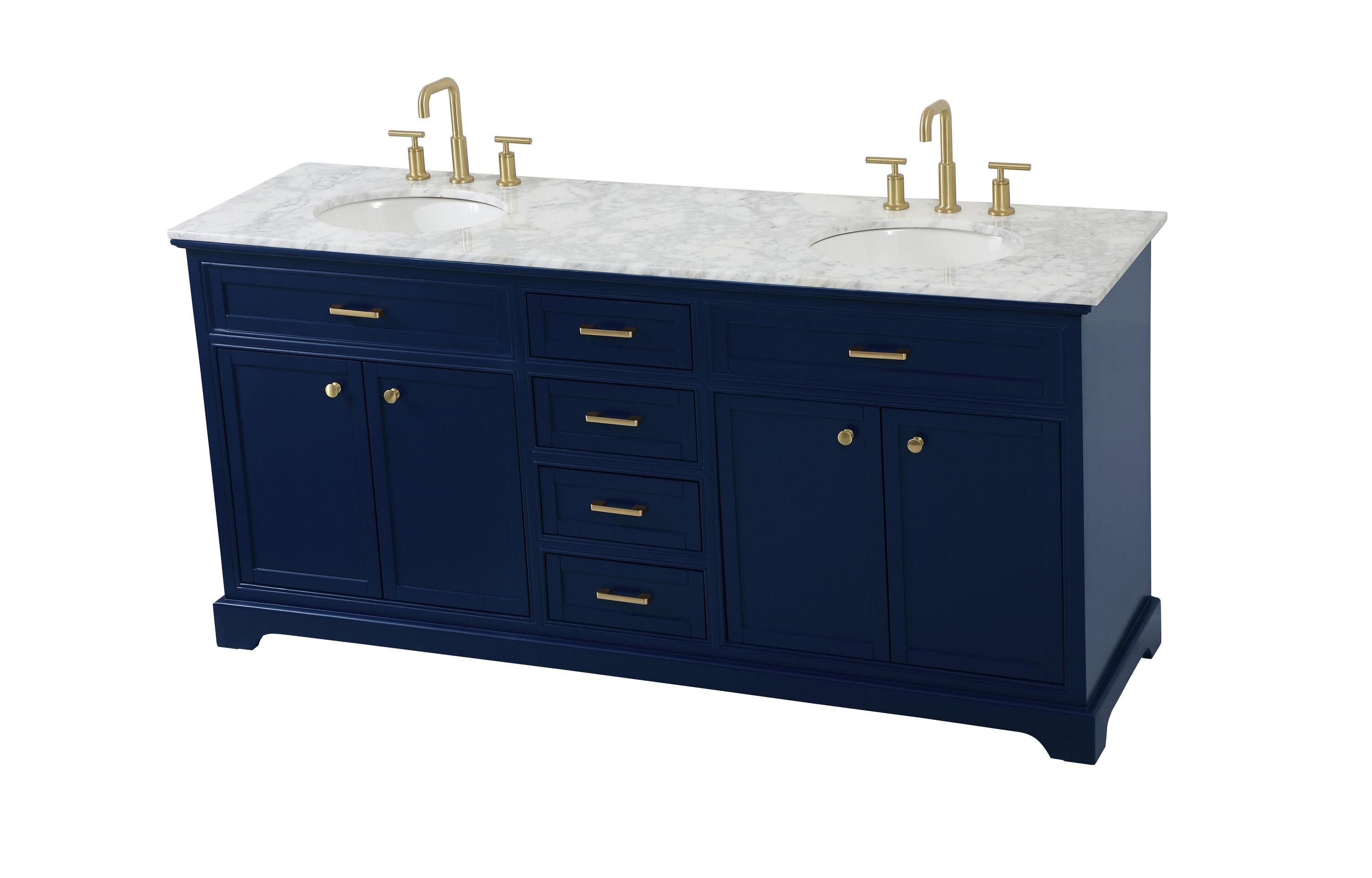 Elegant Decor Americana 72" Metal MDF Marble Double Bathroom Vanity in Blue