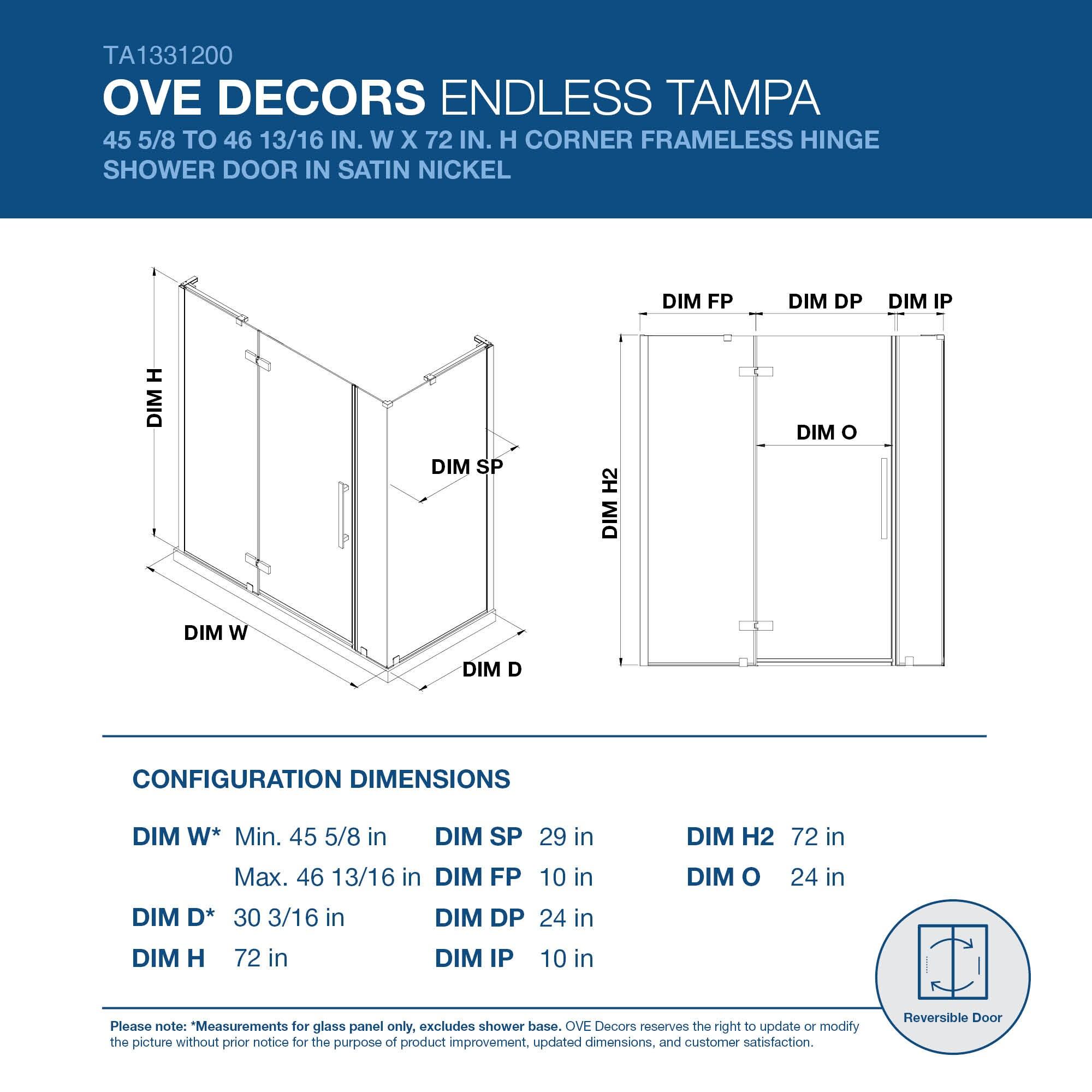 Endless Tampa 46" W x 72" H Corner Frameless Shower Kit, Door, 2 Panel
