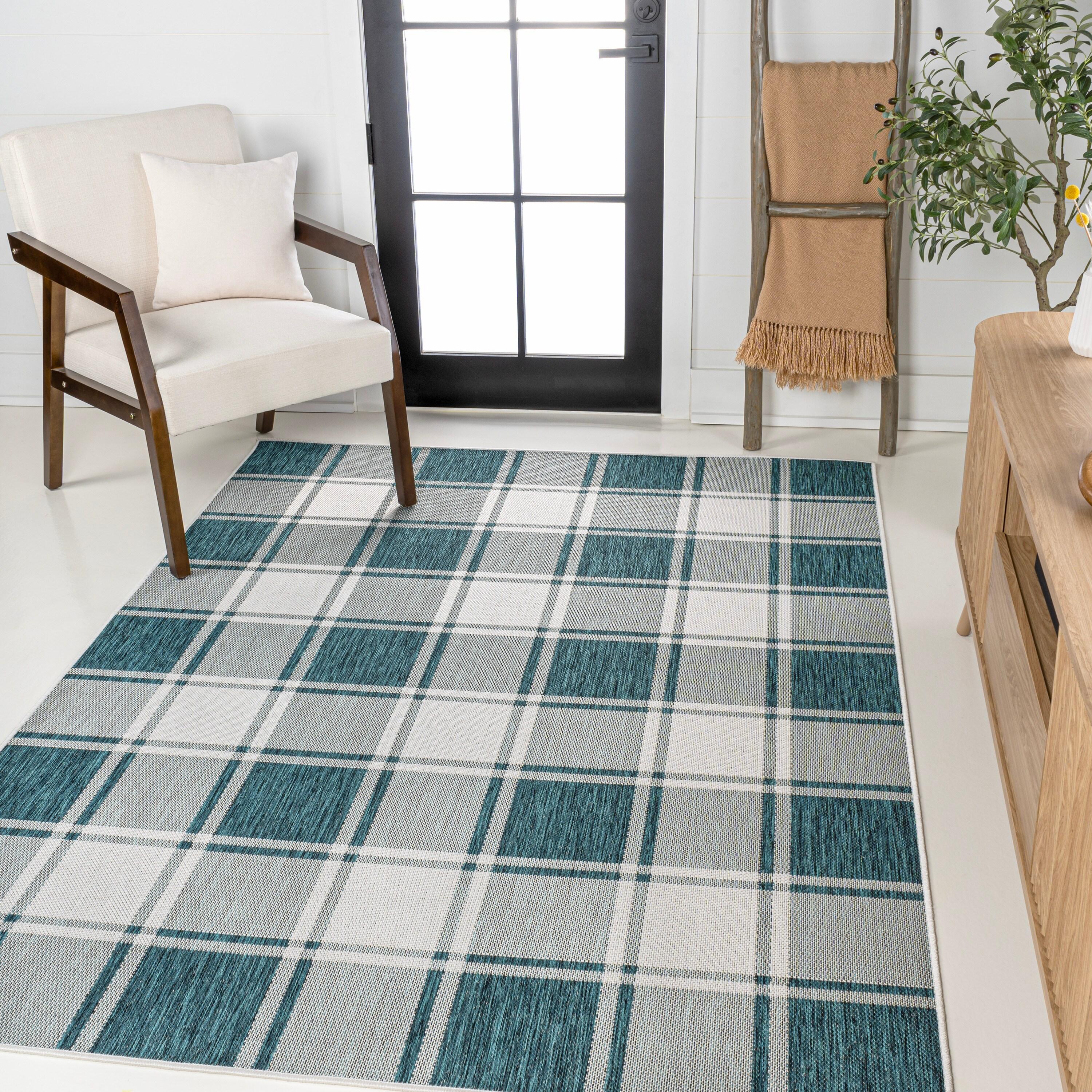 Sabine Traditional Farmhouse Bold Gingham Turquoise/Cream 8 ft. x 10 ft. Indoor/Outdoor Area Rug