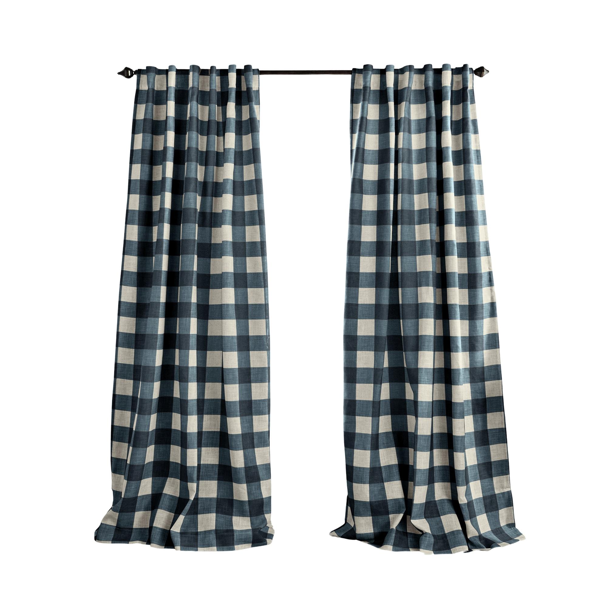 Grainger Buffalo Check Lined Room Darkening Single Window Curtain Panel - 52" x 95" - Indigo - Elrene Home Fashions