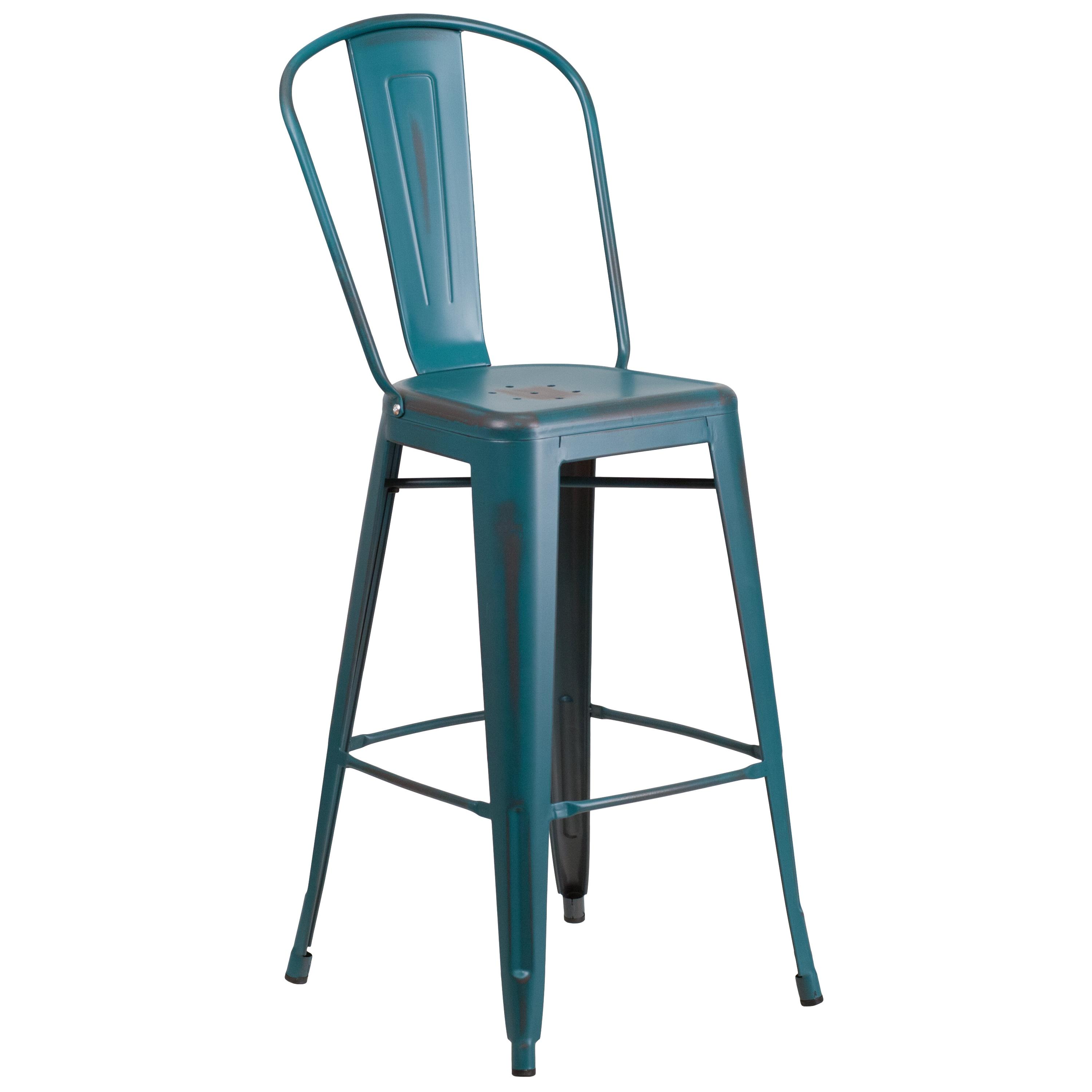 Flash Furniture Commercial Grade 30" High Distressed Kelly Blue-Teal Metal Indoor-Outdoor Barstool with Back