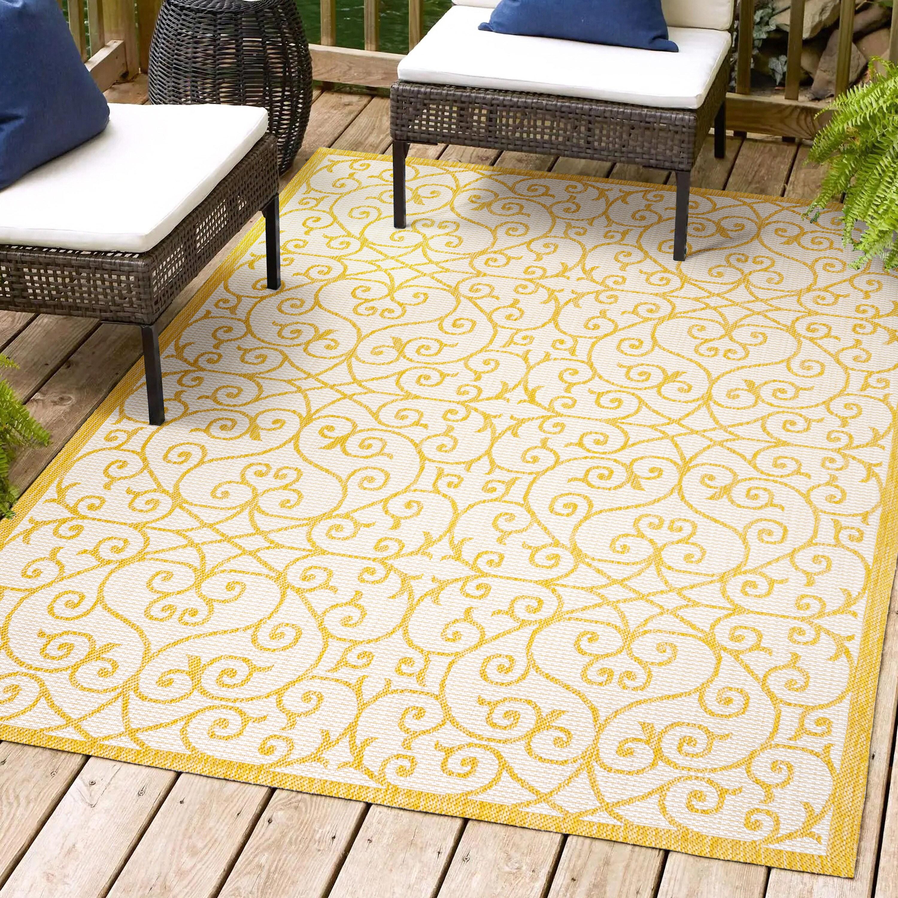 3' x 5' Madrid Vintage Filigree Textured Weave Indoor/Outdoor Area Rug, Cream/Yellow - JONATHAN Y