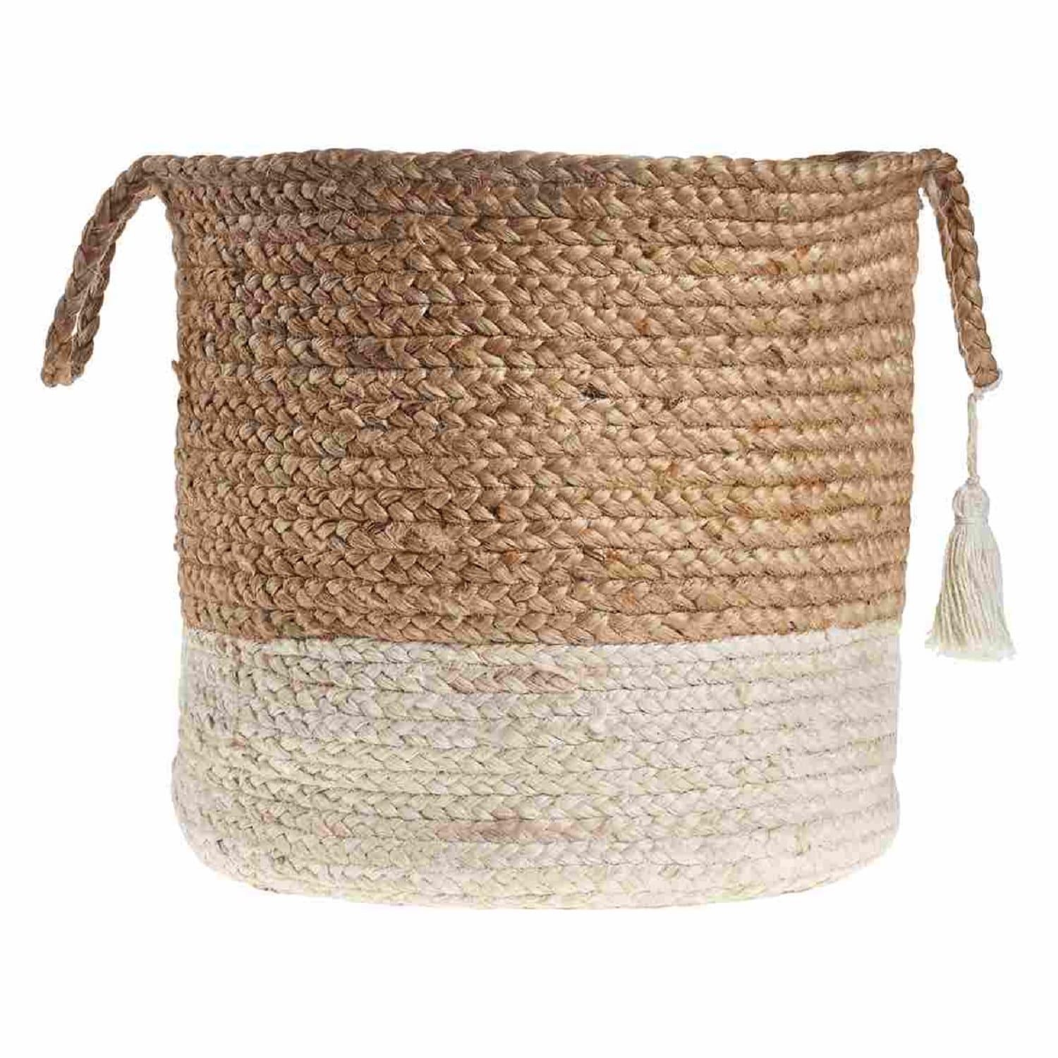 LR Home Woven Round Jute 17" Storage Basket with Handles, White Stripe