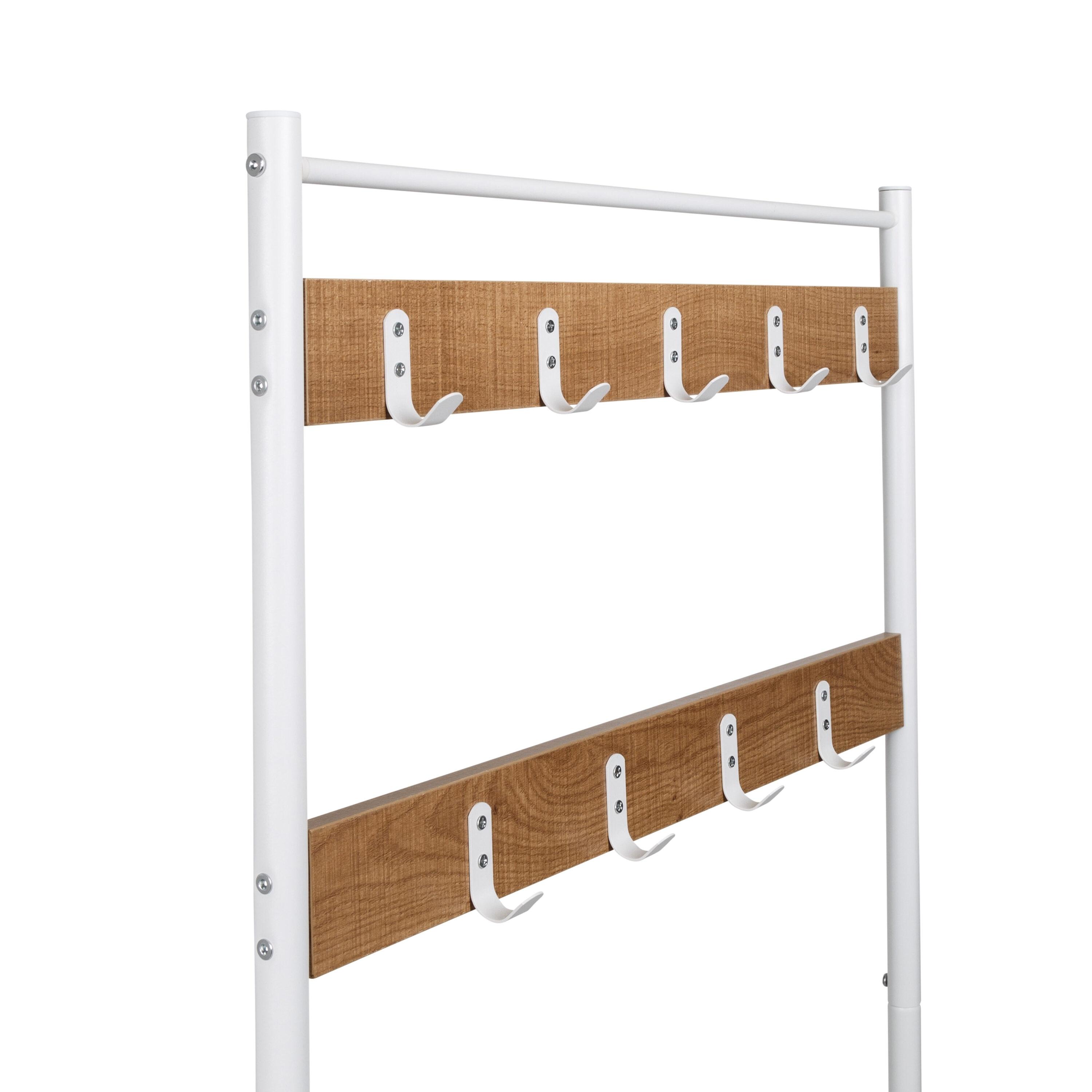 Honey-Can-Do Steel and MDF Freestanding Entryway Hall Tree with 9 Hooks and Shoe Storage Bench, White/Natural