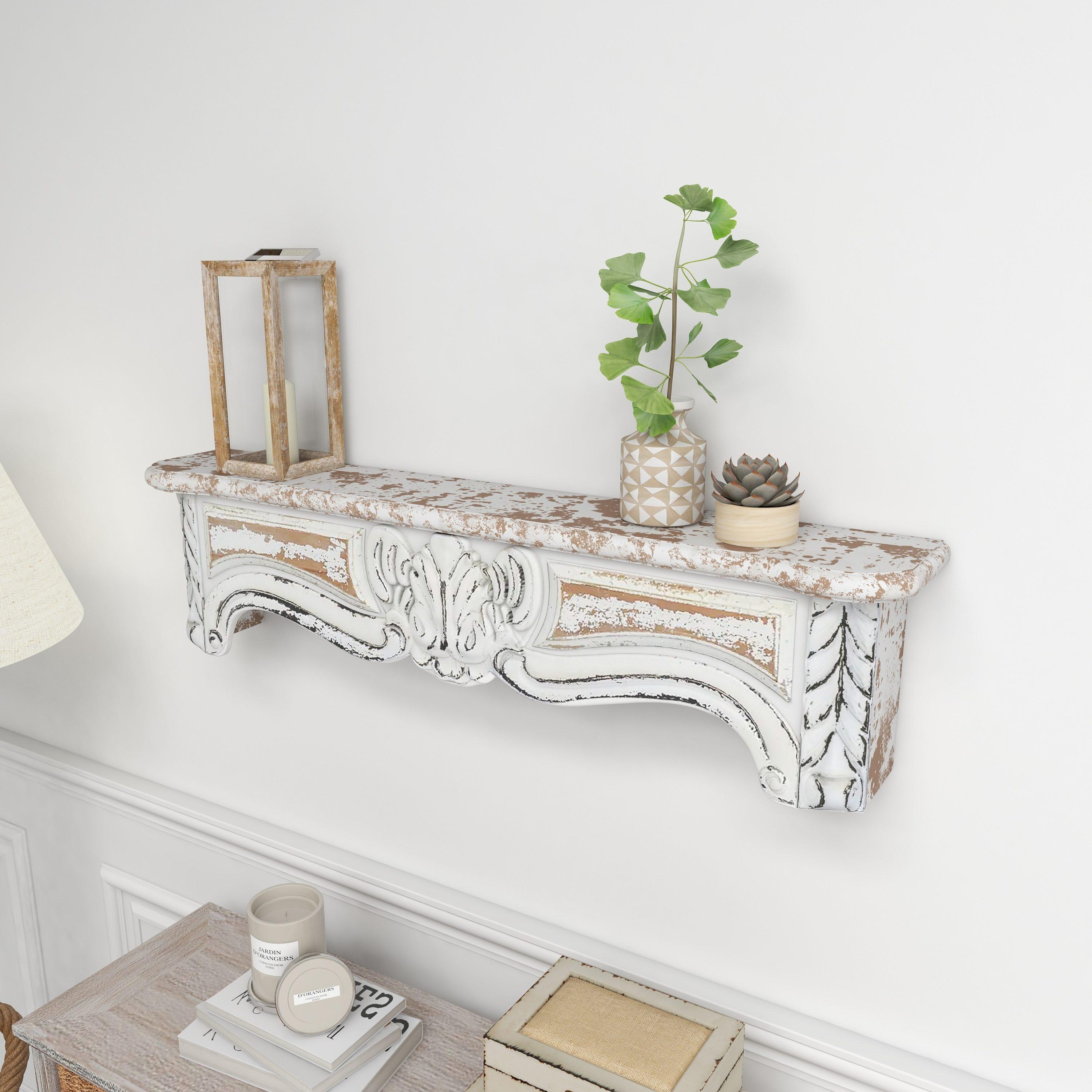 One Allium Way® Goodland White Wood 1 Shelf Scroll Wall Shelf 36" x 6" x 9"