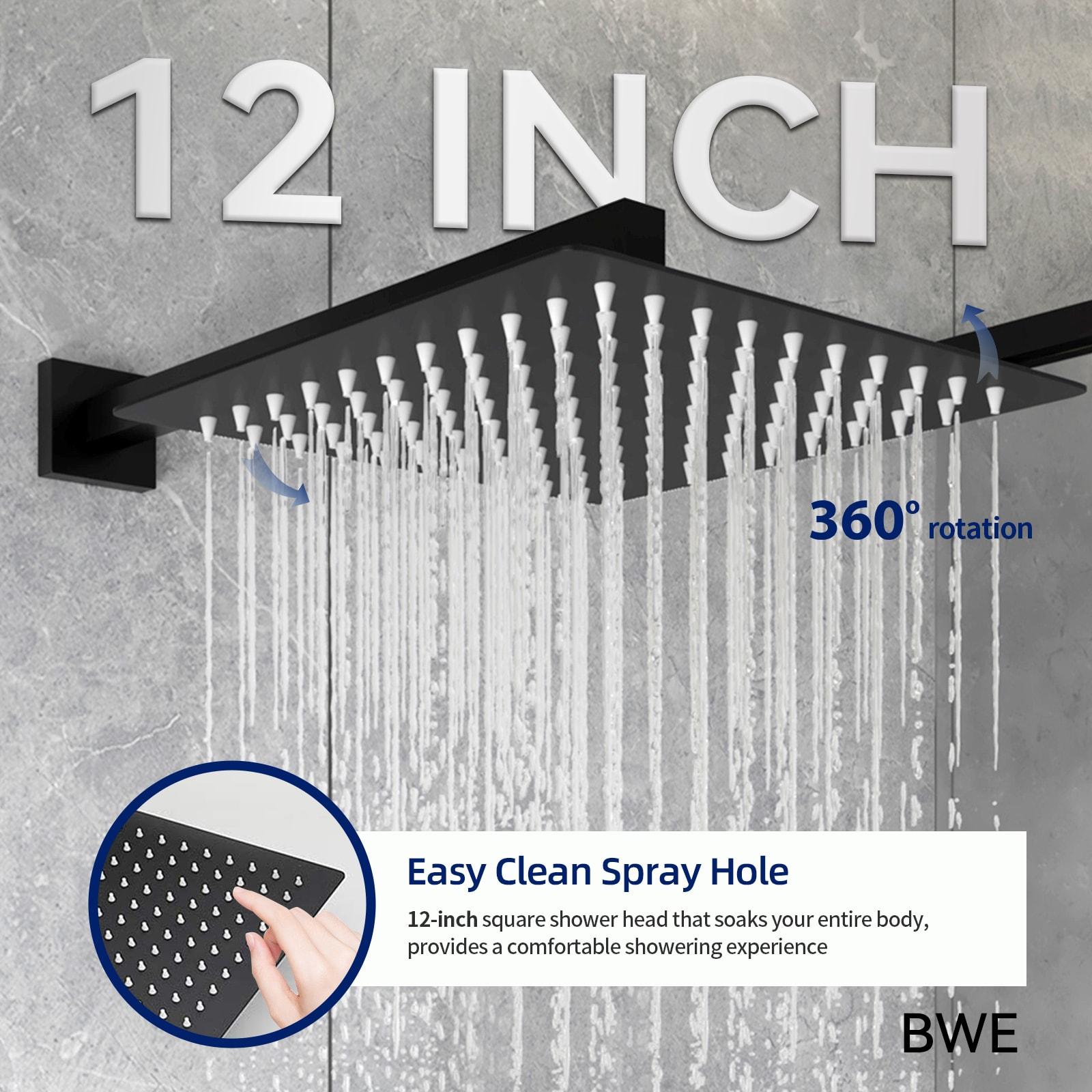 BWE Black Shower Faucet 12 Inch Square Luxury Rain Mixer Shower System Sets Complete 2-Functions Pressure Balancing Wall Mount Rainfall Rough-in Valve Body and Trim Included