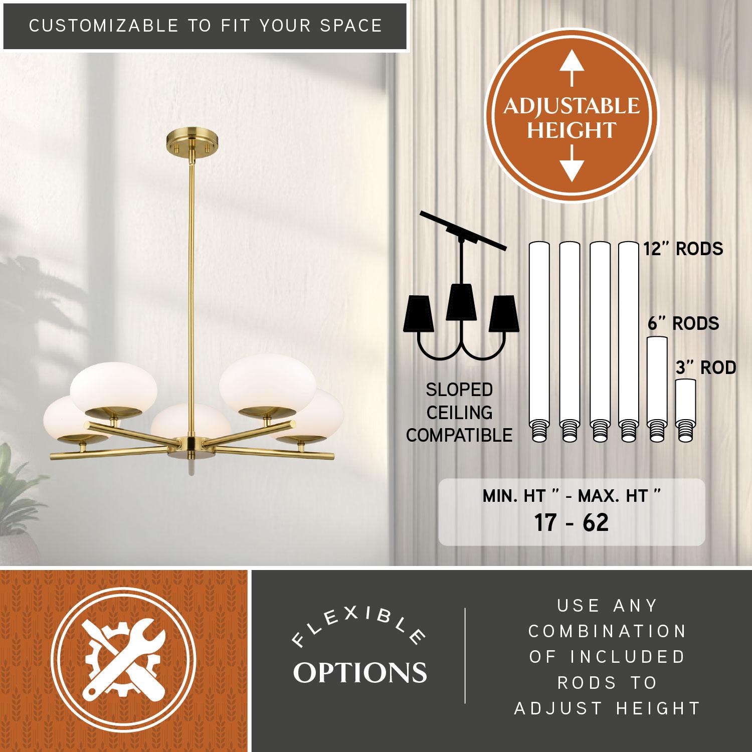 VAXCEL Sloane 5 Light LED Gold Satin Brass Mid-Century Modern Chandelier with White Glass Globes
