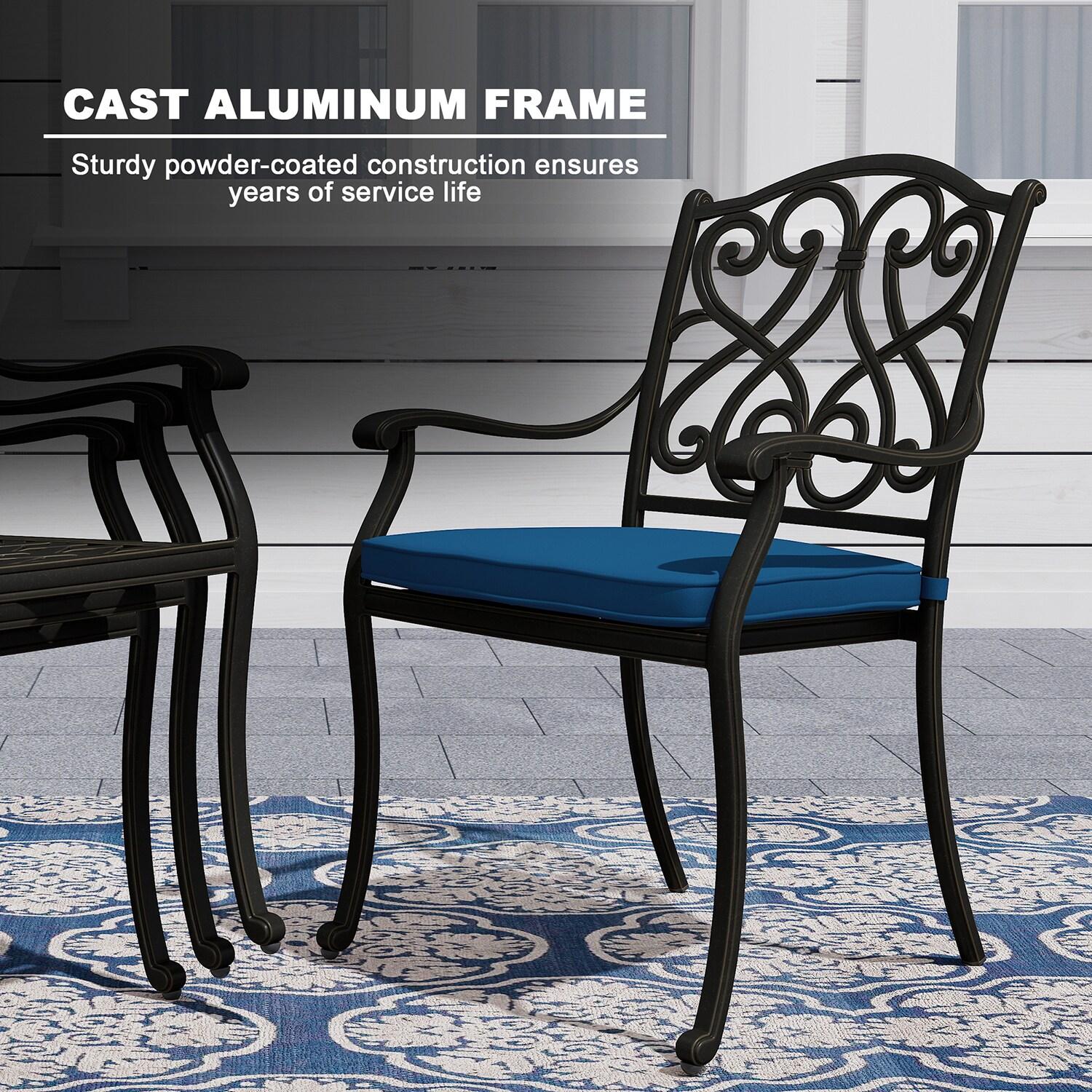 Black Cast Aluminum 6-Person Outdoor Dining Set with Blue Cushions