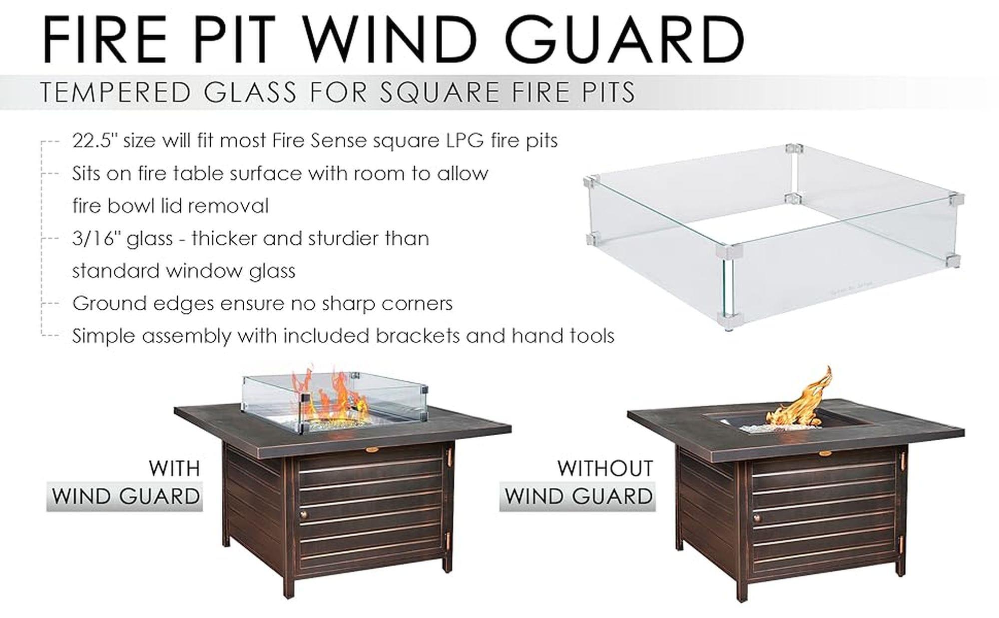 Fire Sense Wind Guard Clear Tempered Glass, Best Viewing Experience for Propane Gas Fire Pits & Patio Heater-22.5 Inches