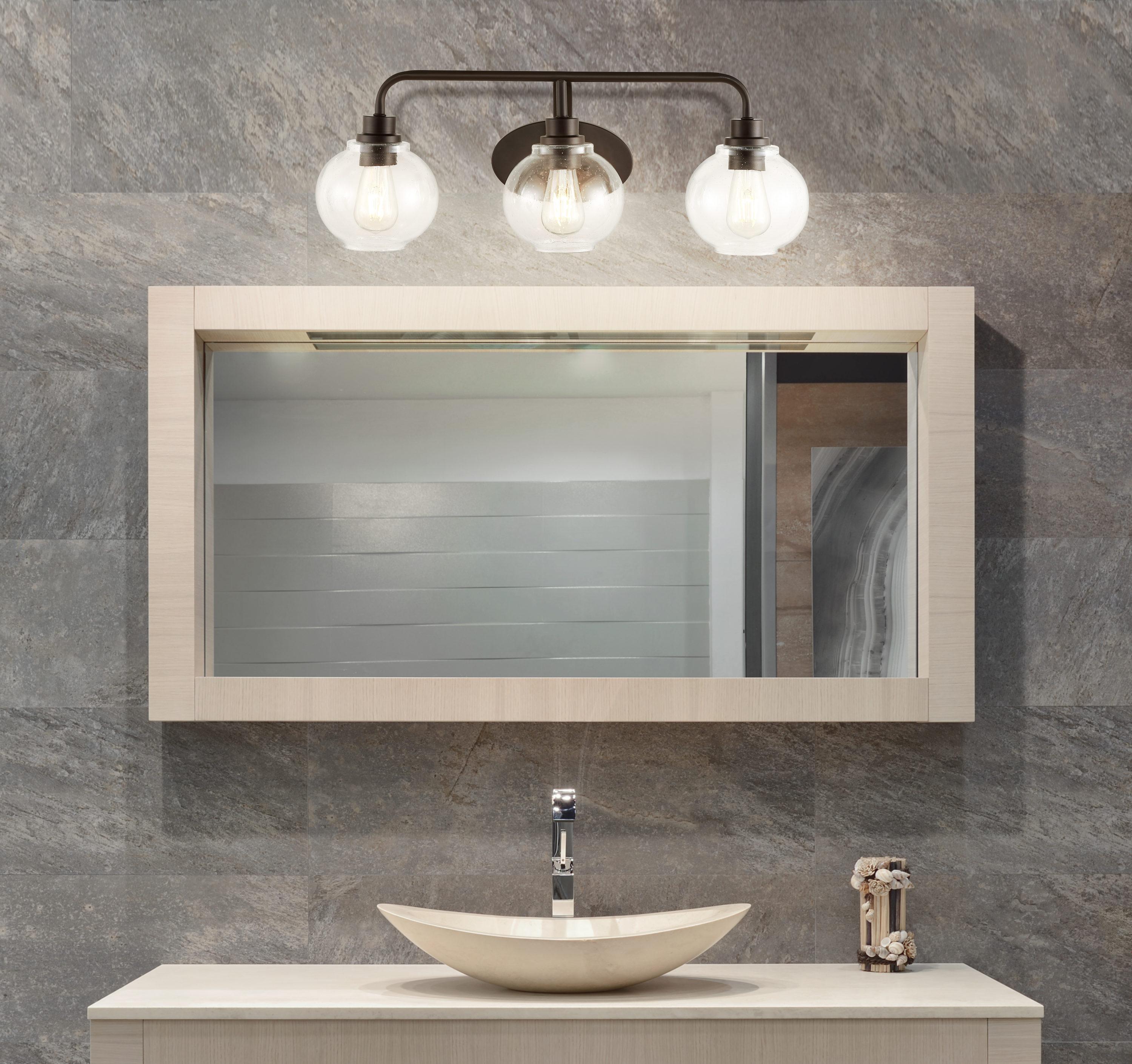 JONATHAN Y Sandrine 26.25" 3-Light Iron/Seeded Glass Cottage Rustic LED Vanity Light, Oil Rubbed Bronze