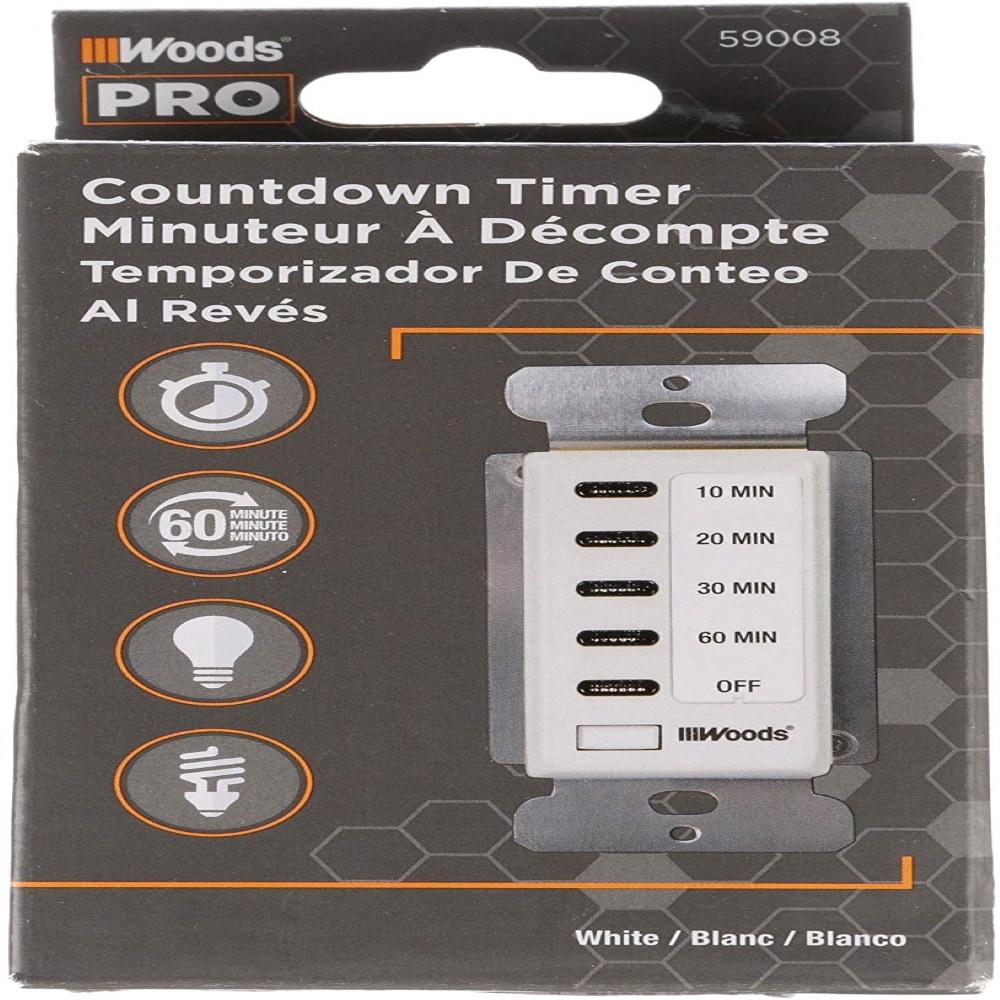 Woods 59008 Decora Style 60-30-20-10 Minute Preset Wall Switch Timer, White, 60-Minute